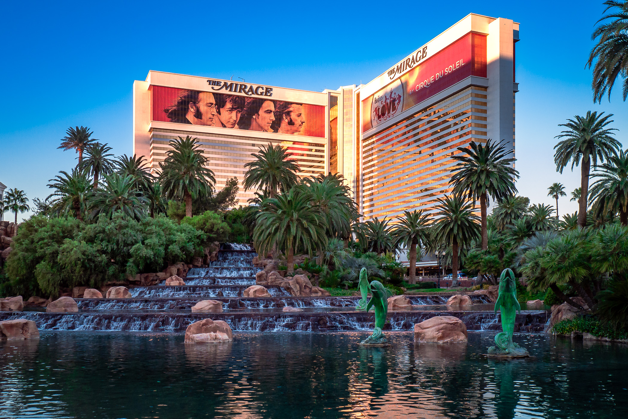 The early-morning sunlight illuminates Las Vegas' Mirage Hotel & Casino.