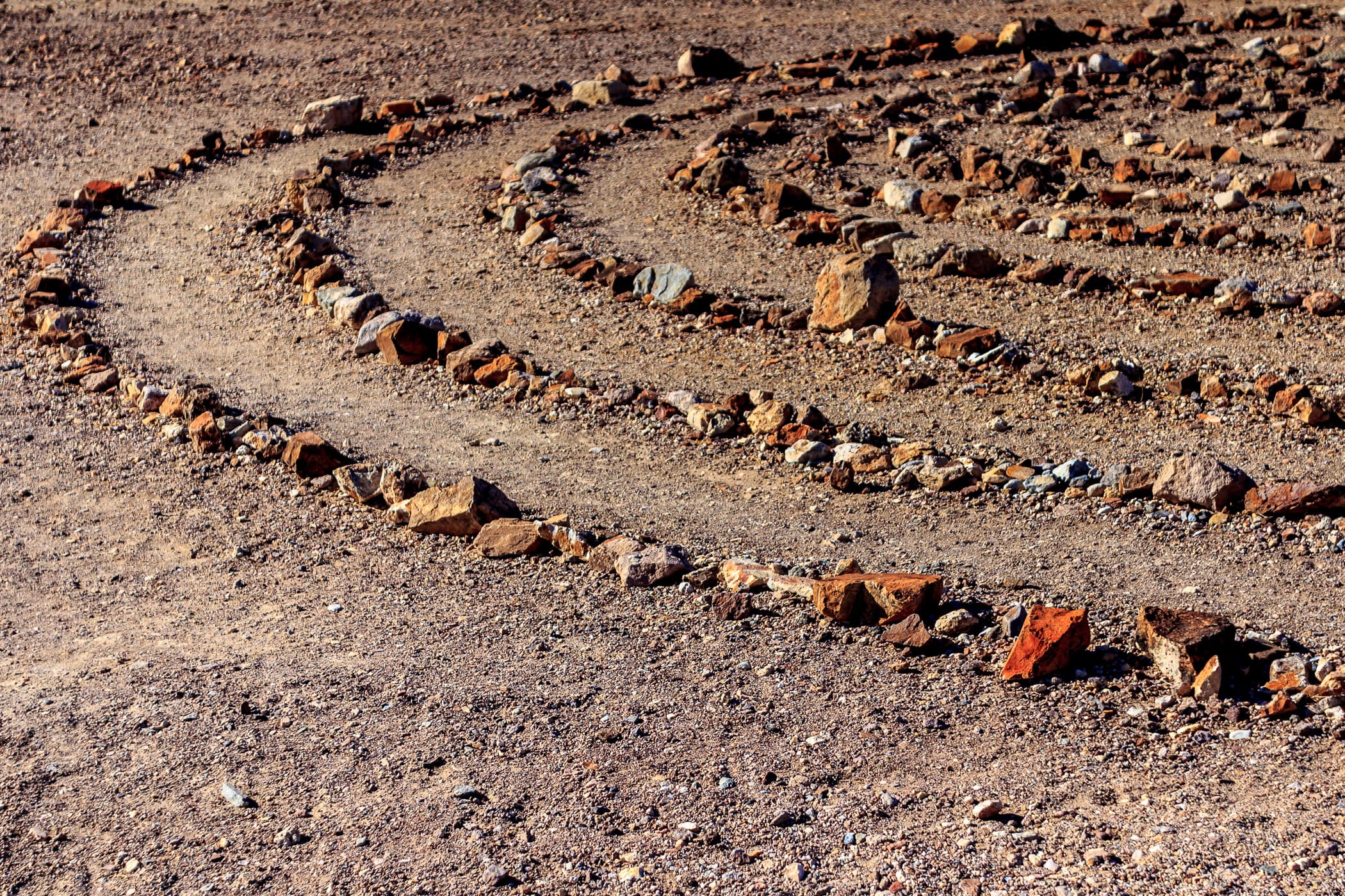 Rings of rocks form a large-scale artwork at the Goldwell Open Air Museum in the ghost town of Rhyolite, Nevada.