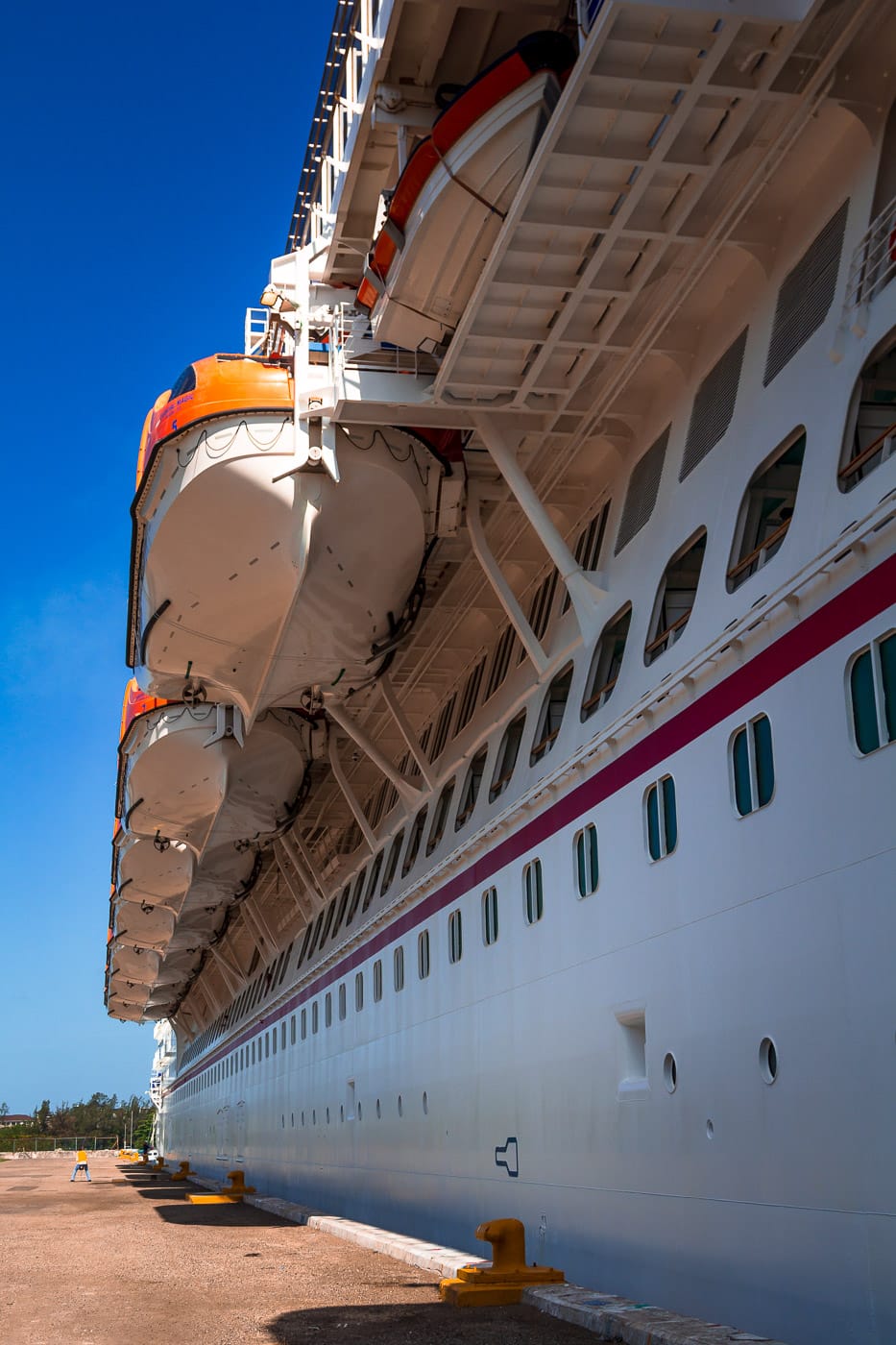 The starboard lifeboats of the cruise ship Carnival Magic while docked at Montego Bay, Jamaica.