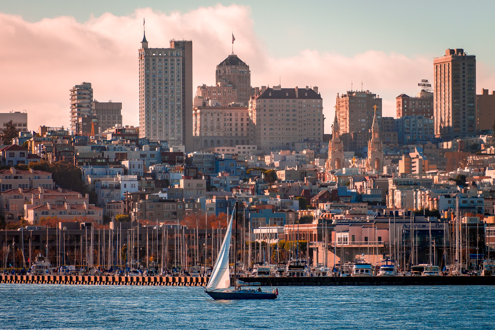 A sailboat cruises San Francisco Bay as the morning sun begins to light up the city.