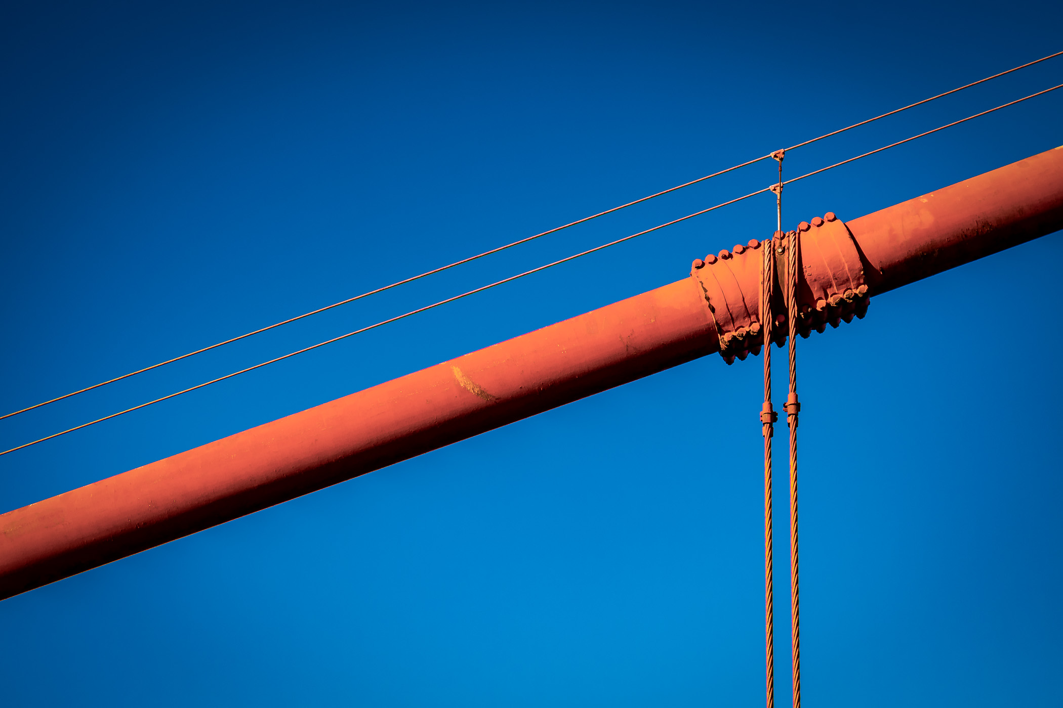 Detail of one of San Francisco's Golden Gate Bridge's main suspension cables. This cable is 36.5-inches-wide (93 cm) and contains 27,572 individual wires.