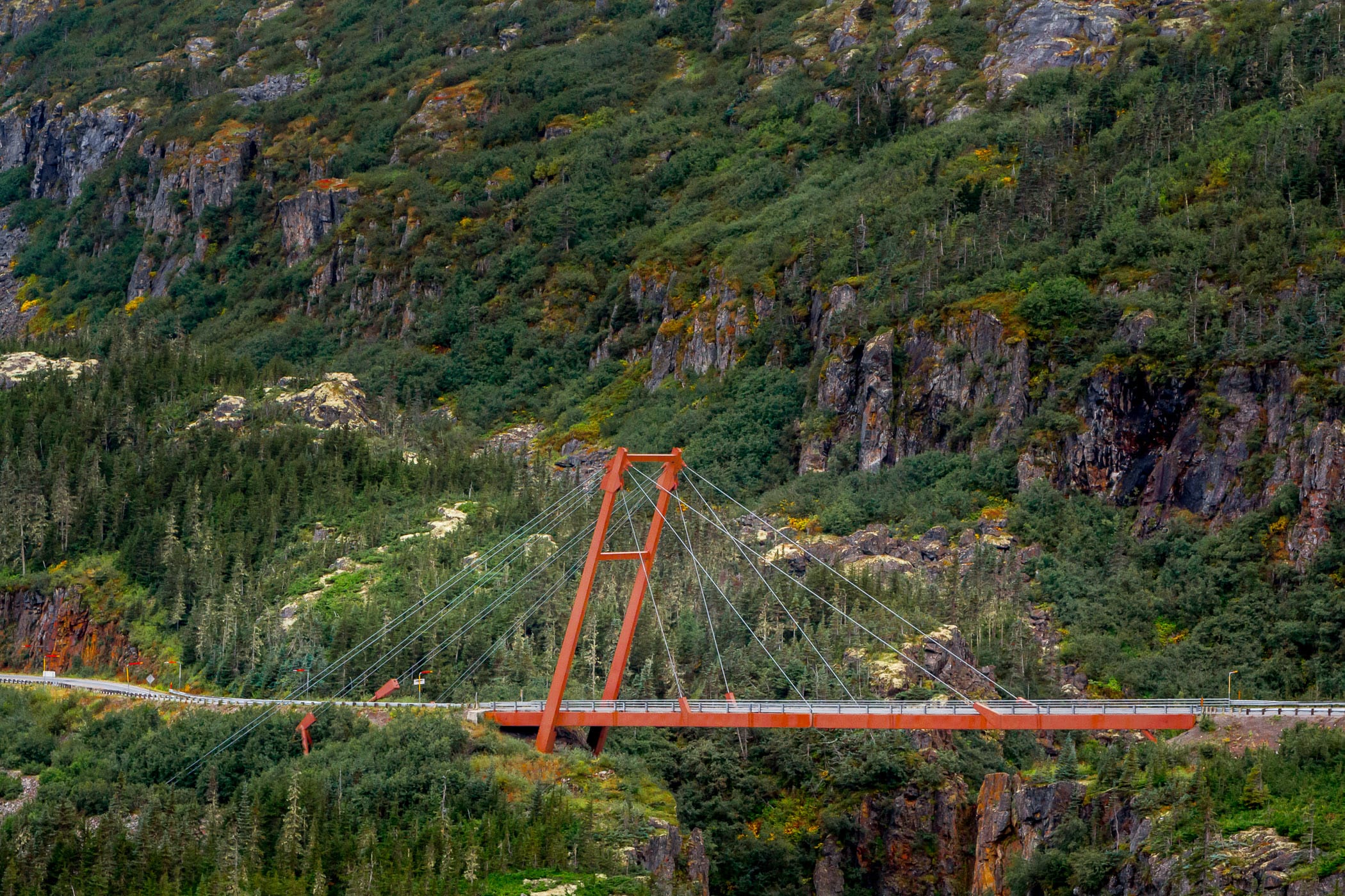 The Captain William Moore Suspension Bridge on the Klondike Highway near Skagway, Alaska. Interestingly, this bridge is only anchored on one side in the hopes that it won't collapse in the event of an earthquake.