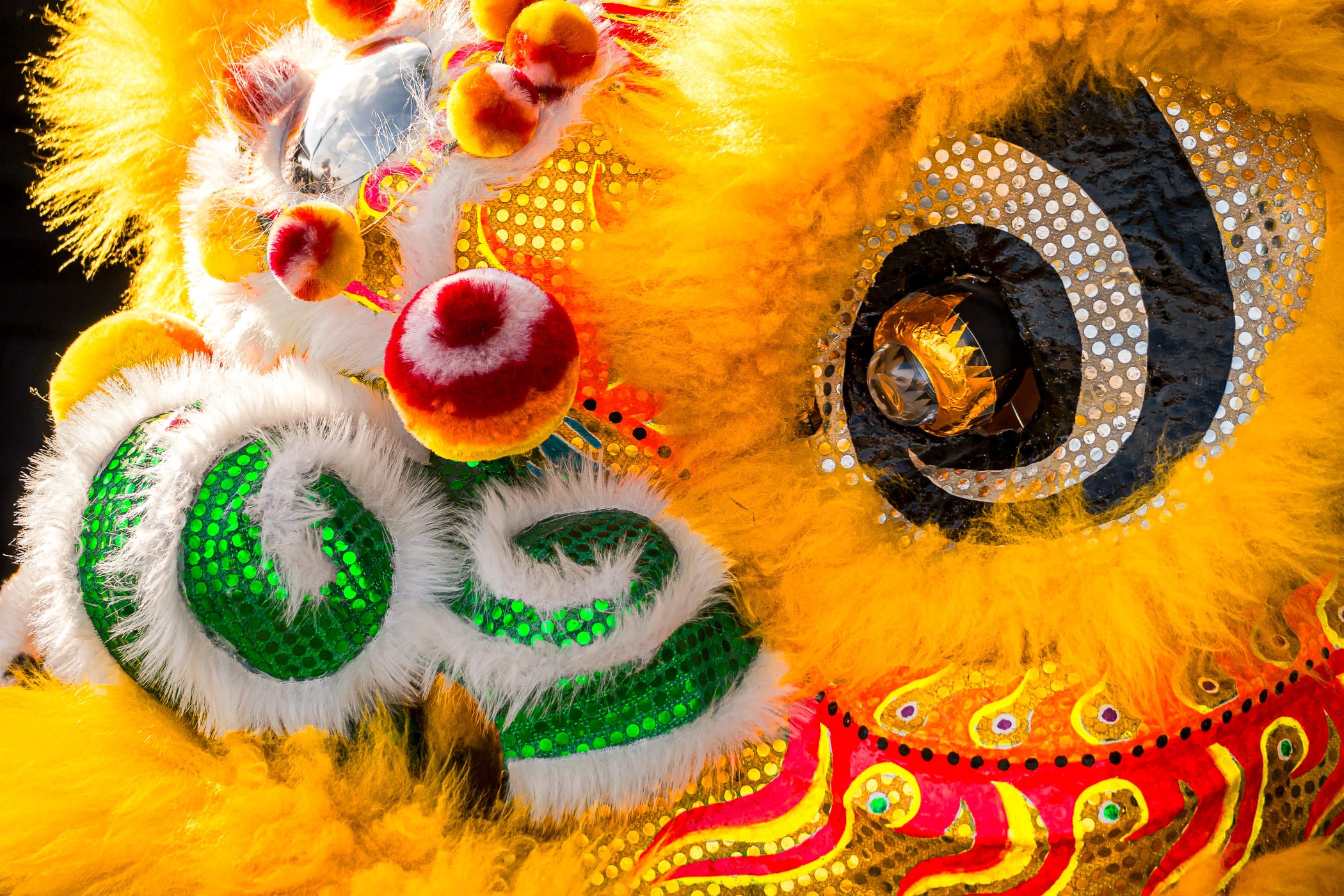 Detail of a traditional lion costume for performing a lion dance (舞狮) at the 2014 DFW Dragon Boat Festival at Lake Carolyn, Las Colinas, Irving, Texas.