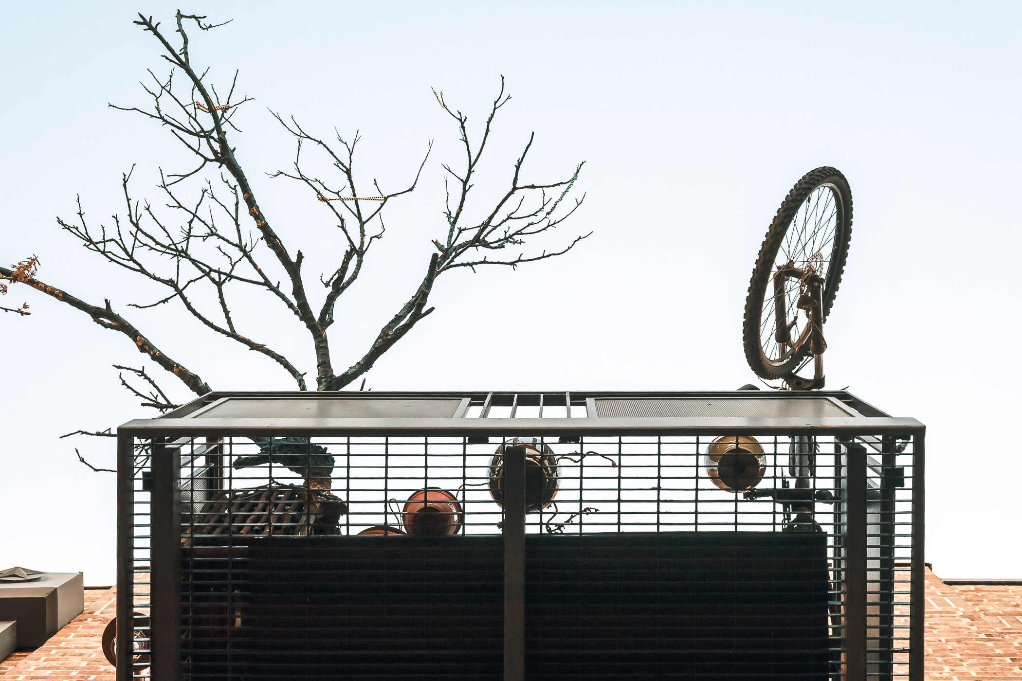 The silhouettes of a bicycle and a small tree on a balcony at a Downtown Plano, Texas, apartment building.