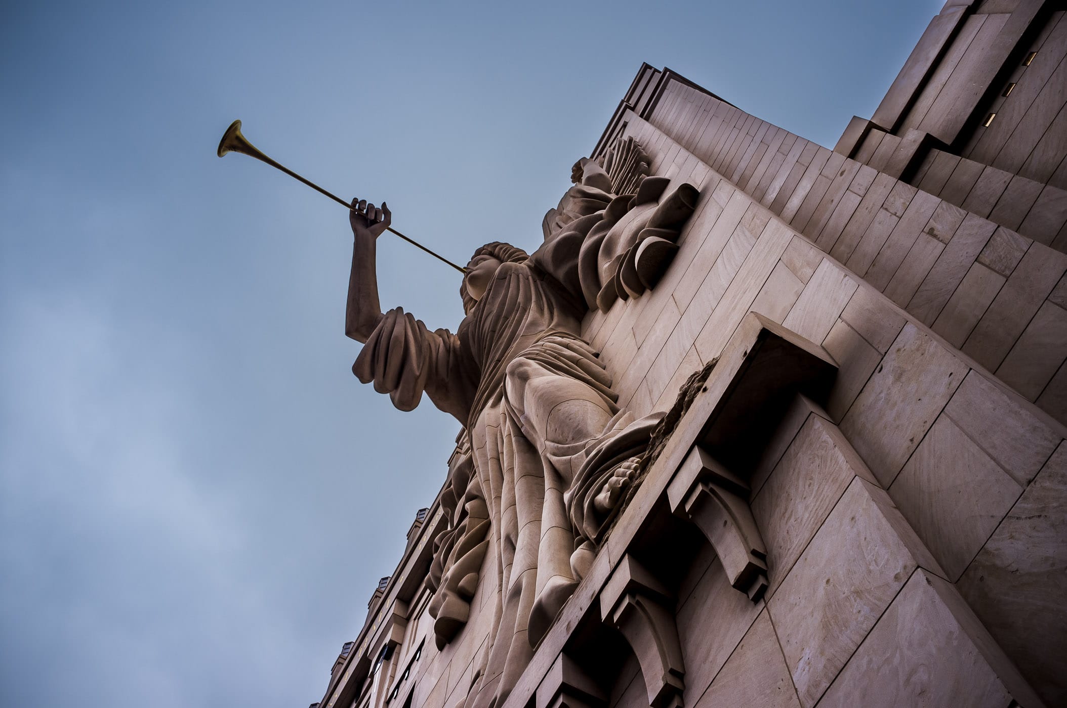 One of two 48-foot-tall trumpet-playing angels on the façade of Fort Worth’s Bass Performance Hall.