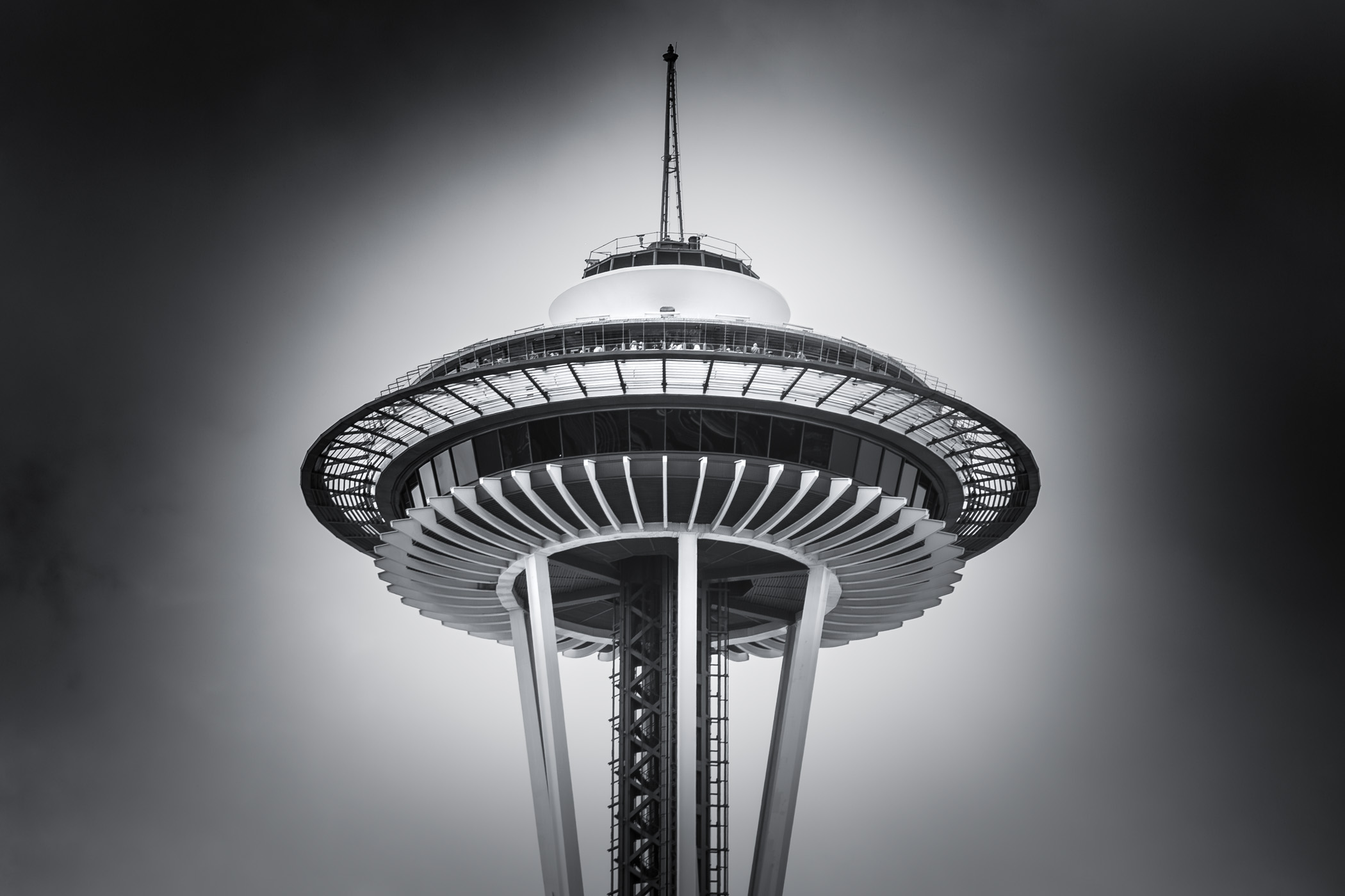 The Seattle Space Needle rises into the overcast Washington sky.