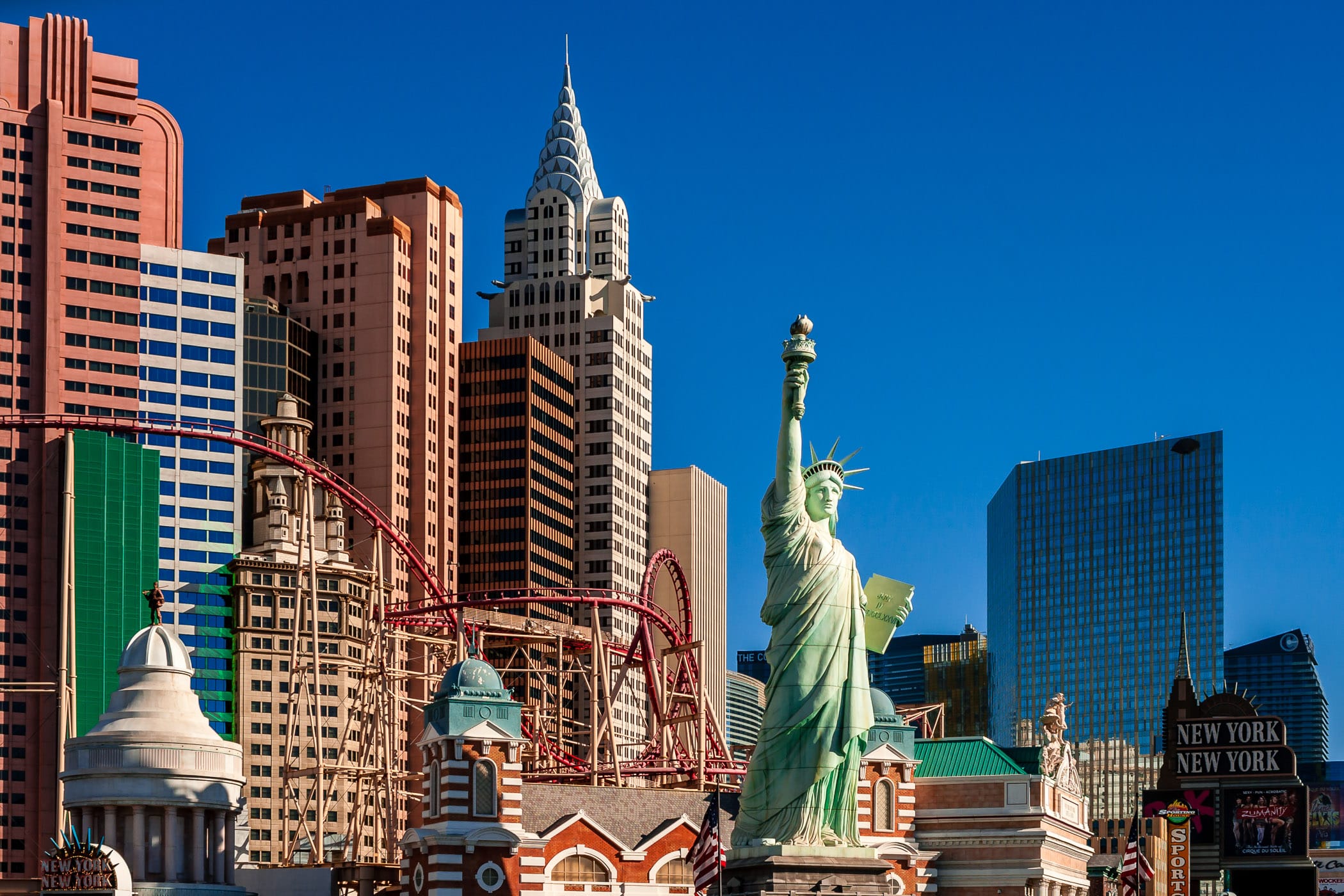 New York New York Hotel & Casino's replica of the Statue of Liberty rises into the Nevada desert sky in Las Vegas.
