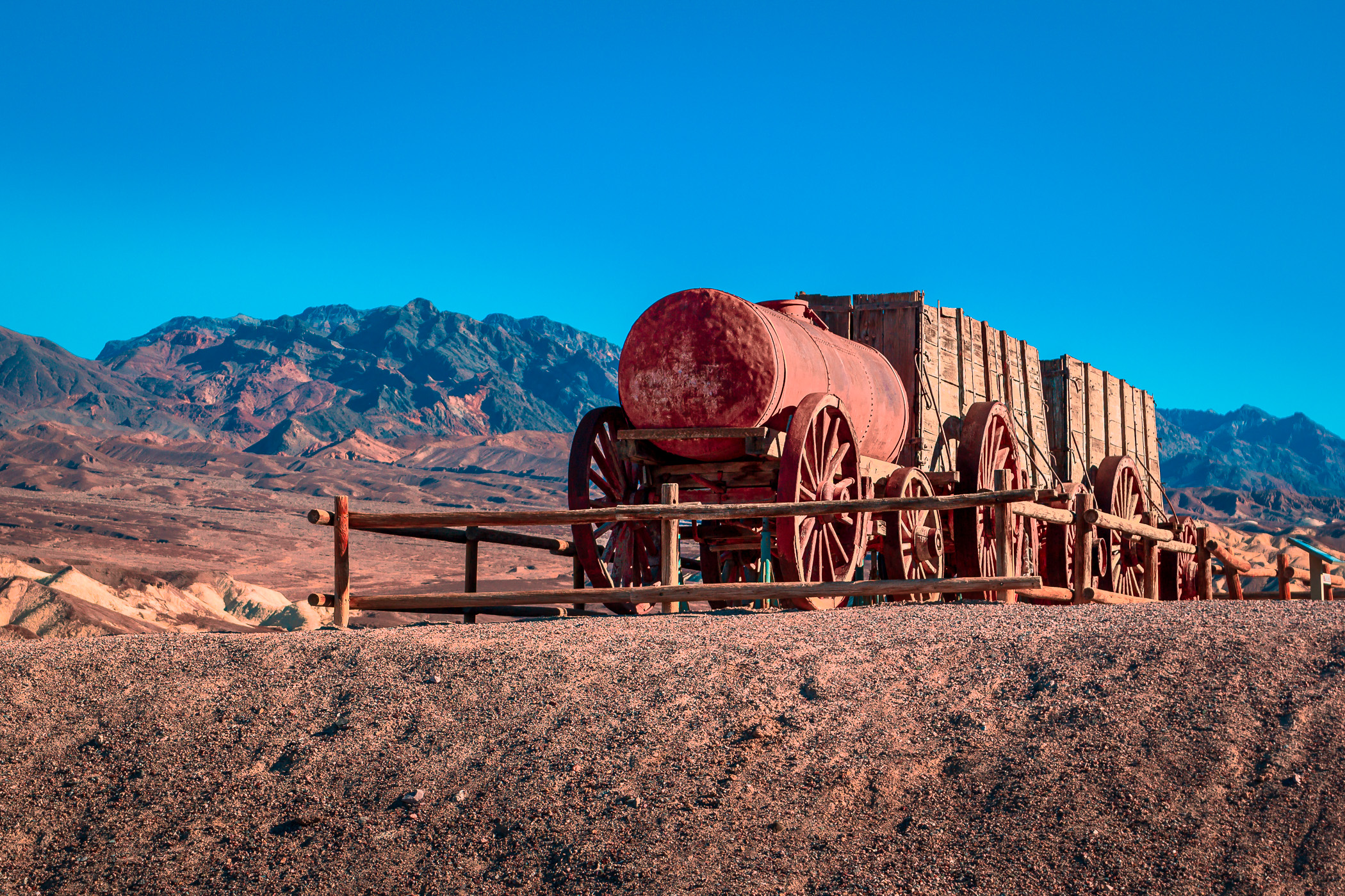 Old wagons for hauling borax on display at the Harmony Borax Works in Death Valley National Park, California.