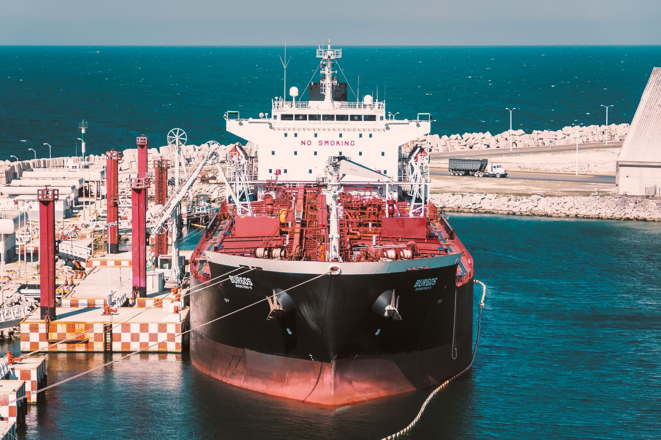 The chemical tanker Burgos, docked at the port of Progreso de Merida on Mexico's Yucatán Peninsula.