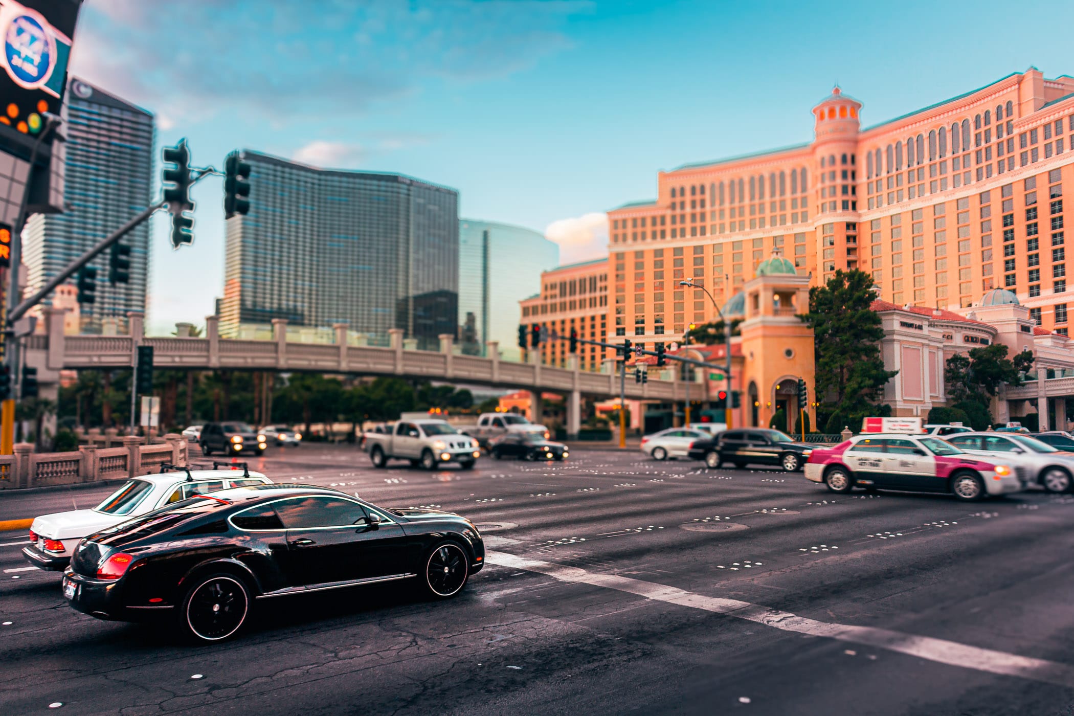 Early morning traffic at the intersection of Flamingo Road and the Las Vegas Strip.