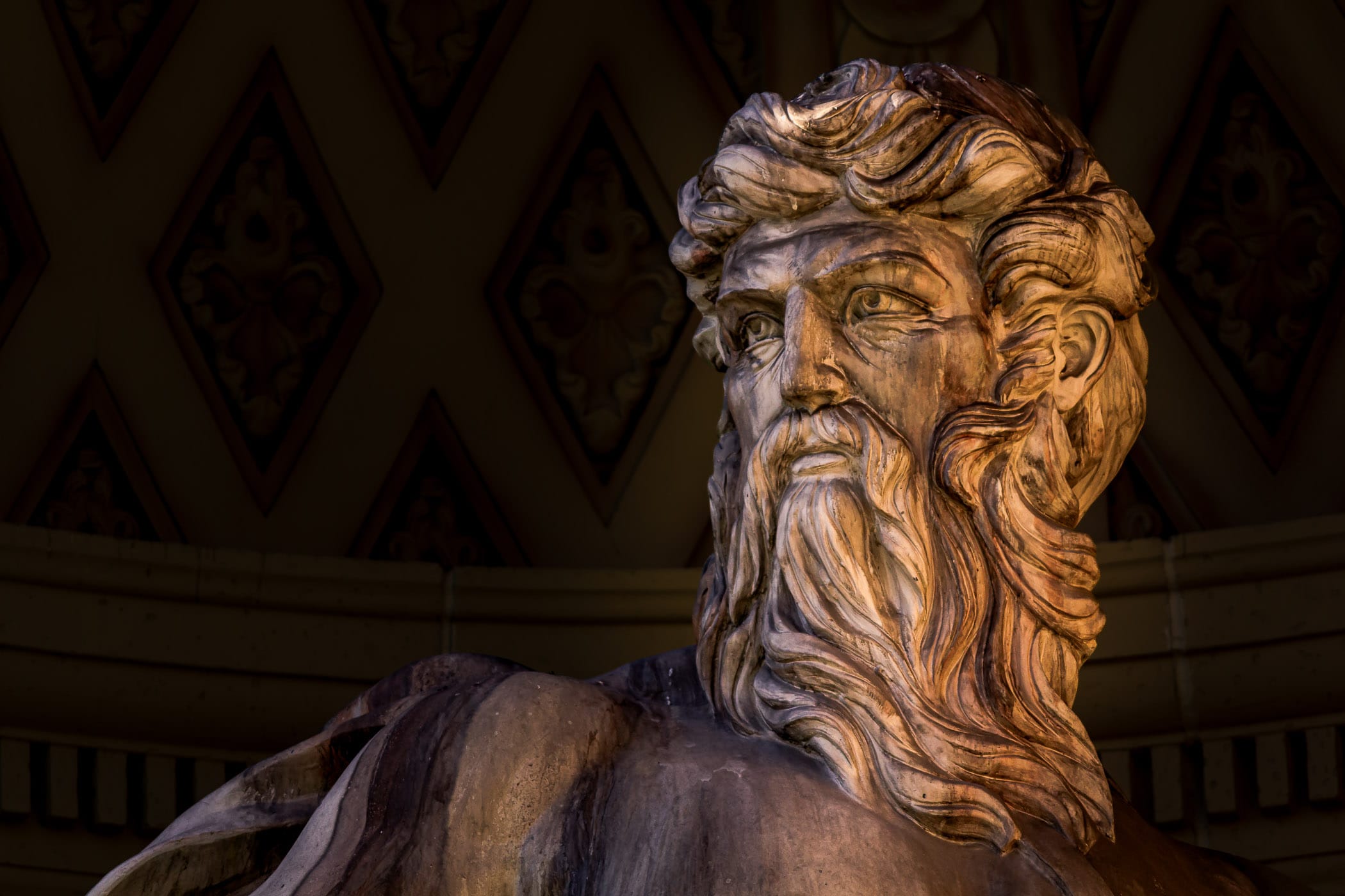 Detail of a statue of the Roman god of the sea, Neptune, part of a replica of Rome’s Trevi Fountain at Caesars Palace, Las Vegas.
