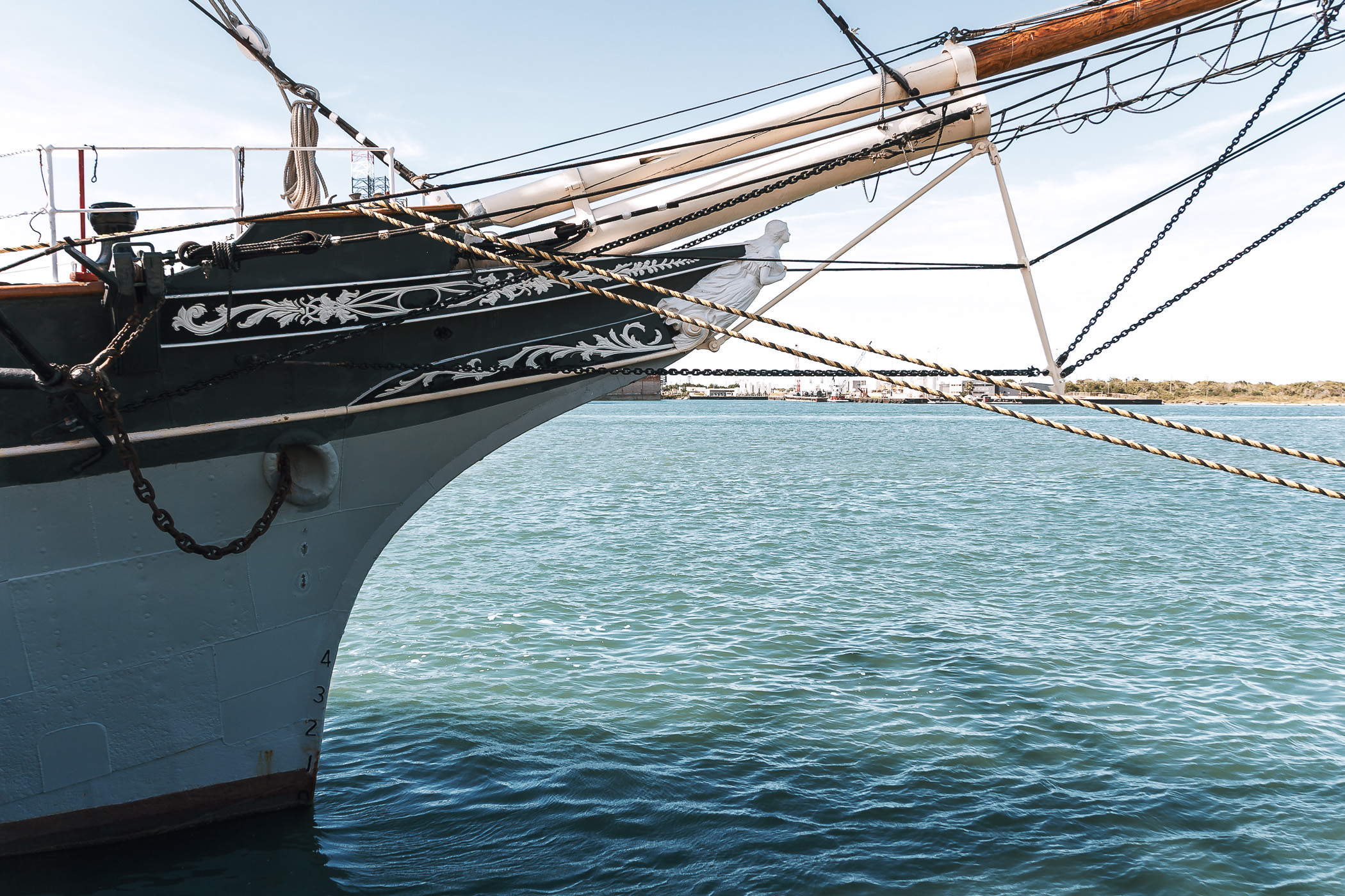 The bow of the Elissa, a tall ship launched in 1877 and now ported in Galveston, Texas.