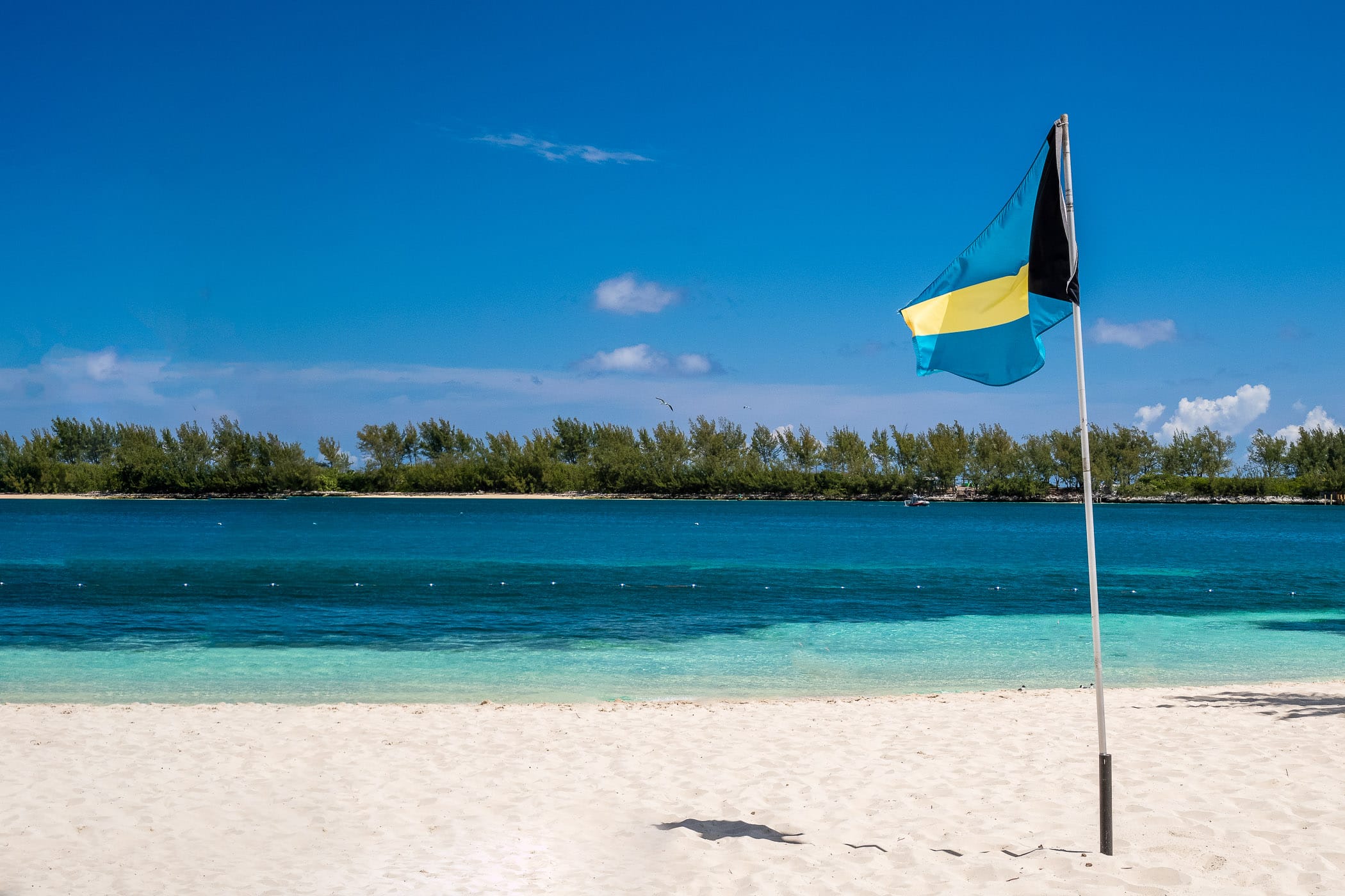 The flag of The Bahamas, planted on a beach at the British Colonial Hilton, Nassau.