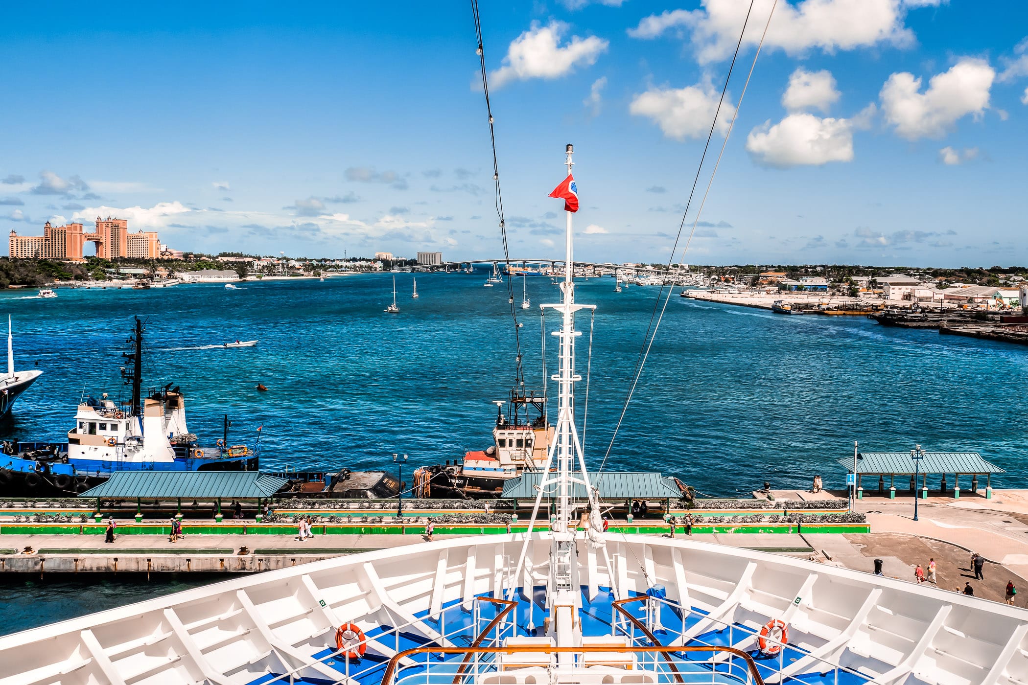 A view of Nassau, Bahamas' harbor, as seen from the bow of the cruise ship Carnival Magic, docked at the cruise terminal.