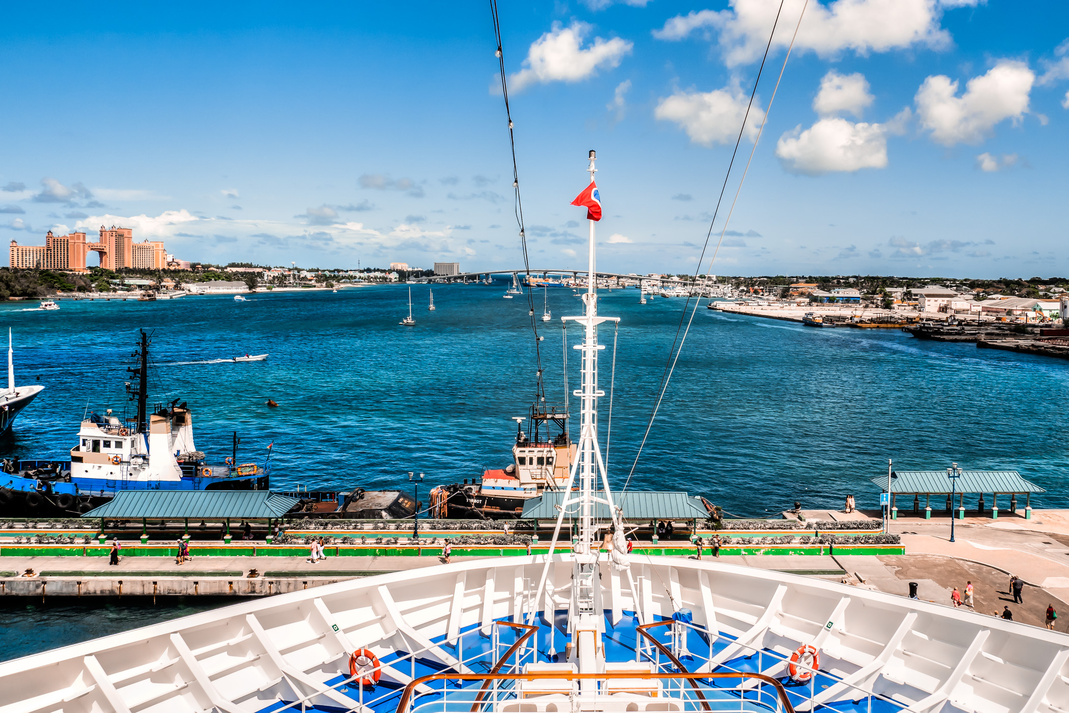 A view of Nassau, Bahamas' harbor, as seen from the bow of the cruise ship Carnival Magic, docked at the cruise terminal.