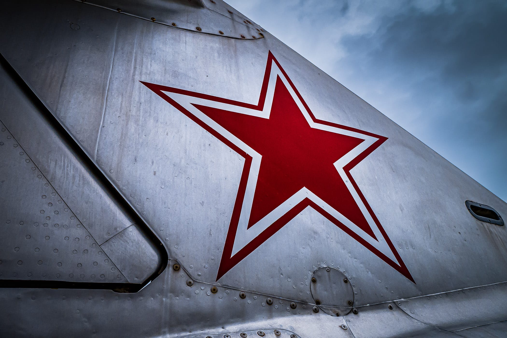 A Soviet-style red star on the tail of a former Polish Air Force MiG-17F in the collection of the Cavanaugh Flight Museum, Addison, Texas.