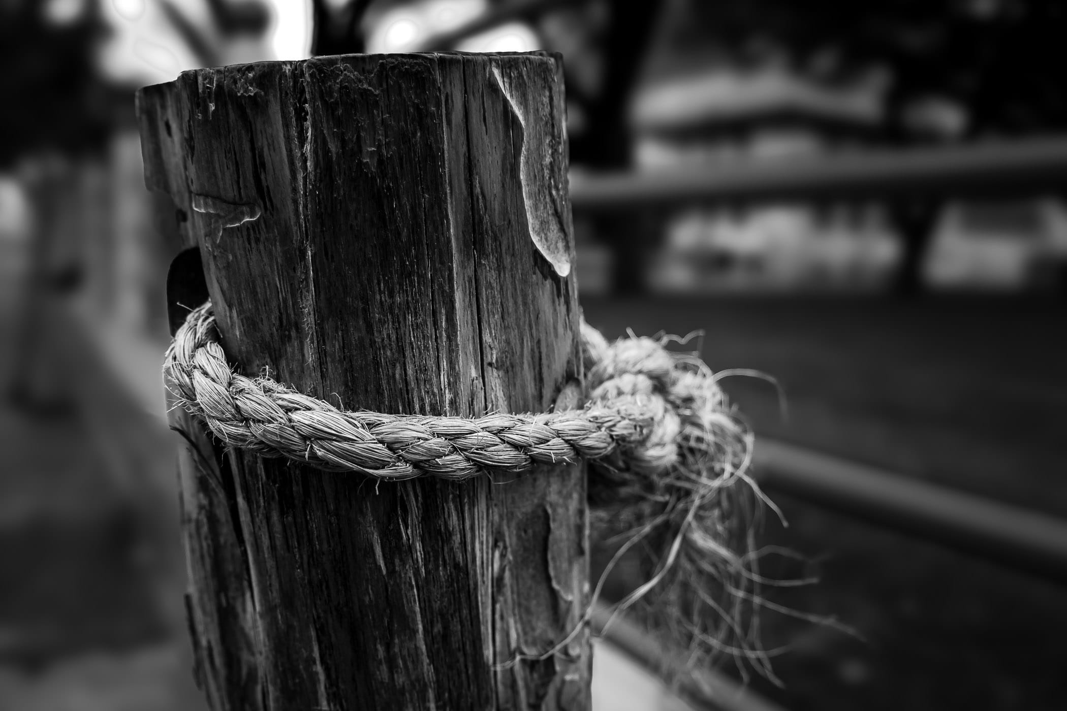 A rough rope tied around a wooden post to make a temporary fence at the Fort Worth Stockyards.
