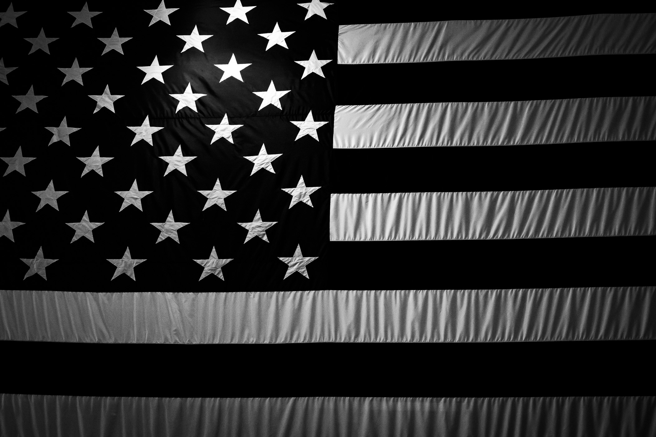 Detail of a giant American flag hanging in the Frontiers of Flight Museum at Dallas' Love Field.