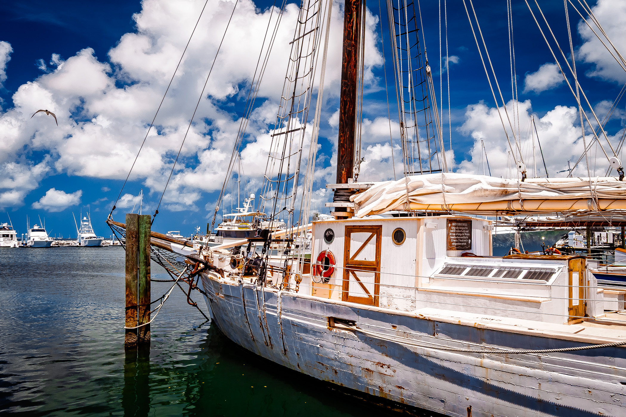 The schooner Western Union—the flagship of the State of Florida—sits at her berth in the Key West Bight on a warm, cloudy Spring day.