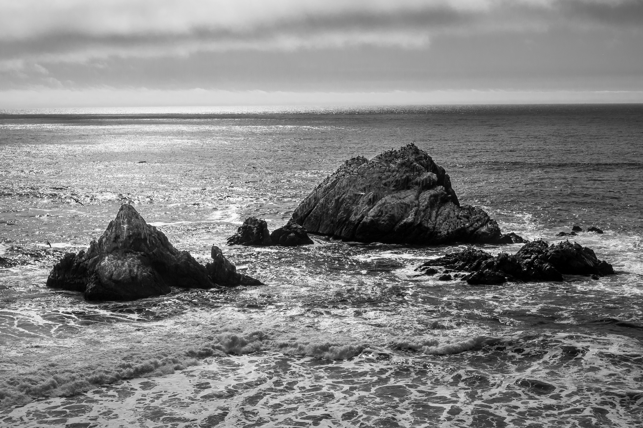 San Francisco's Seal Rocks rise from the Pacific Ocean surf just off the shore of Lands End on the western edge of the city.