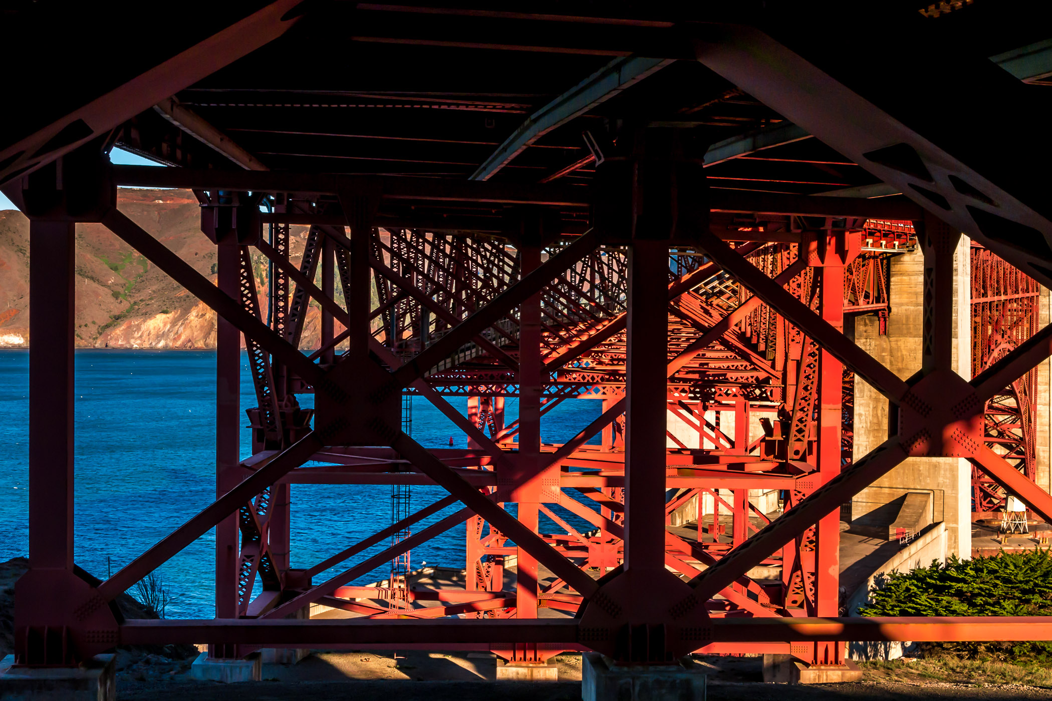 Detail of the support structure of San Francisco's iconic Golden Gate Bridge as it spans its namesake narrows between San Francisco Bay and the Pacific Ocean.