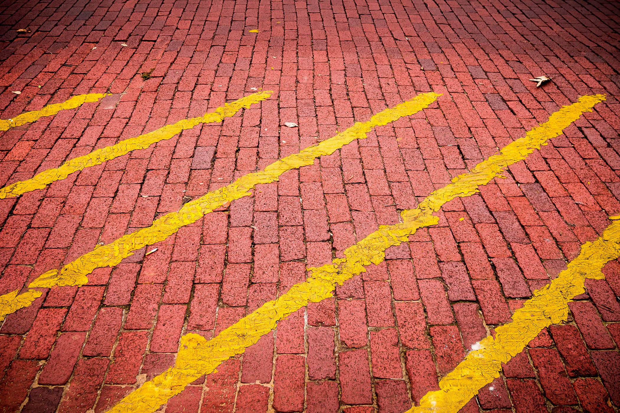 Yellow stripes painted sloppily on a brick street in Downtown Nacogdoches, Texas.