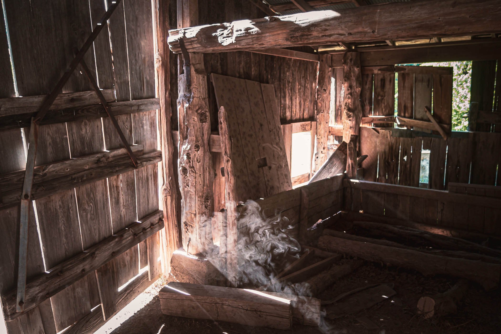 Sun spills through gaps in the wooden walls of a dilapidated barn at Penn Farm, Cedar Hill State Park, Texas.