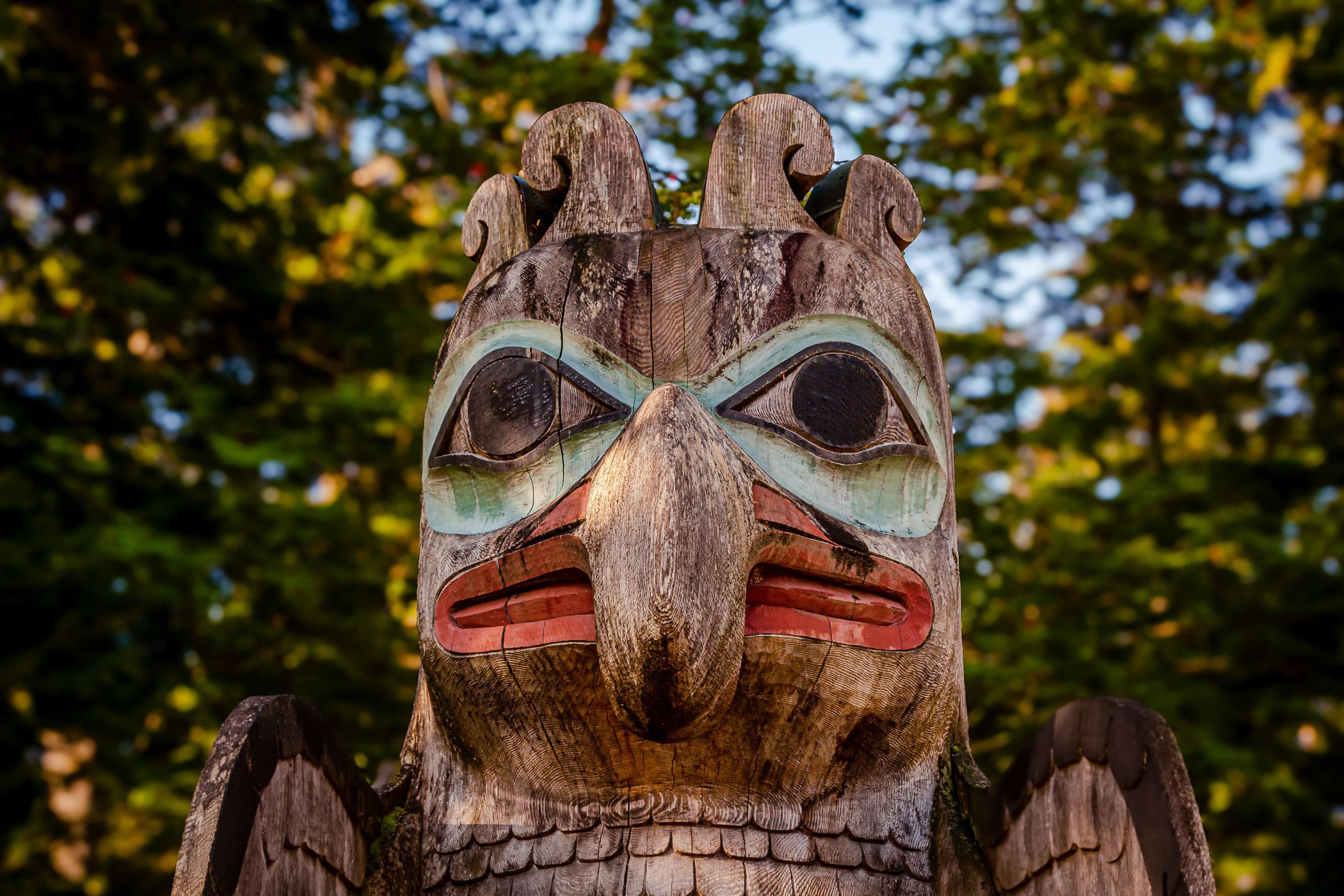 Detail of the Thunderbird and Whale totem pole at Ketchikan, Alaska's Totem Bight State Historical Park.