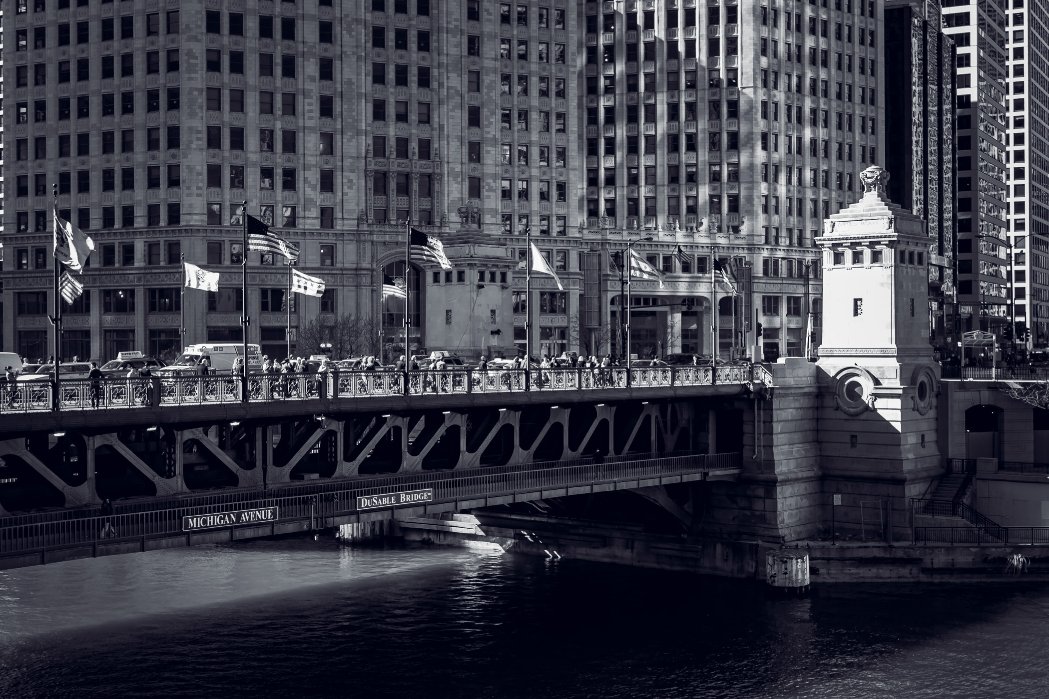 Chicago's busy Michigan Avenue spans the Chicago River on the DuSable Bridge, opened in 1920.