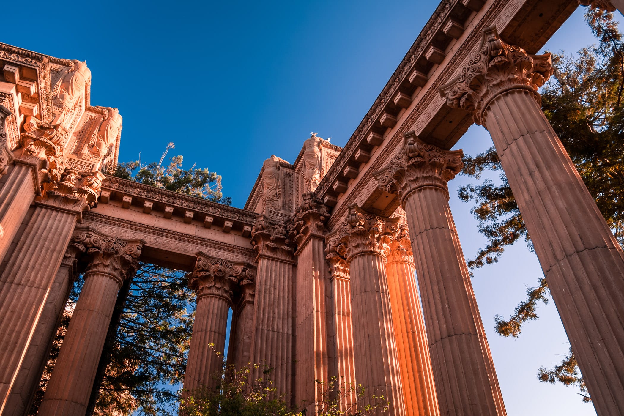 The morning sun illuminates columns at San Francisco's Palace of Fine Arts.