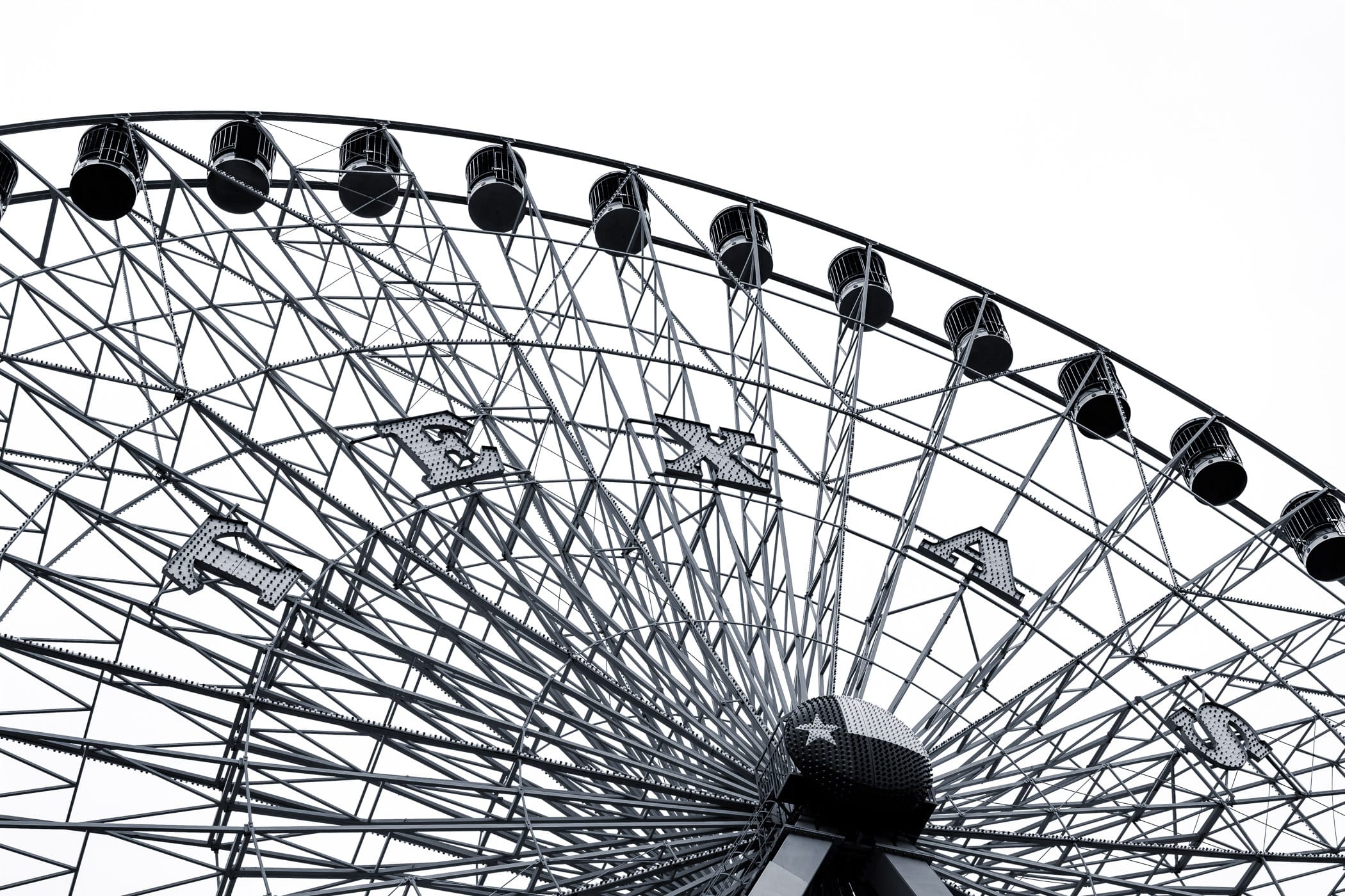 Intricate detail of the Texas Star Ferris Wheel at Dallas' Fair Park.
