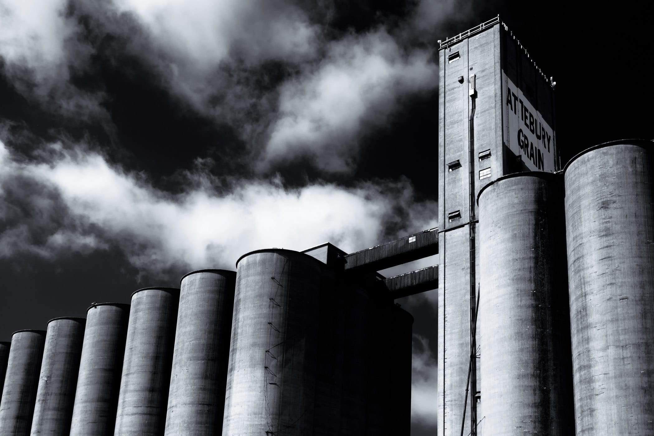 Grain silos rise into the North Texas sky in the Fort Worth-area town of Saginaw.
