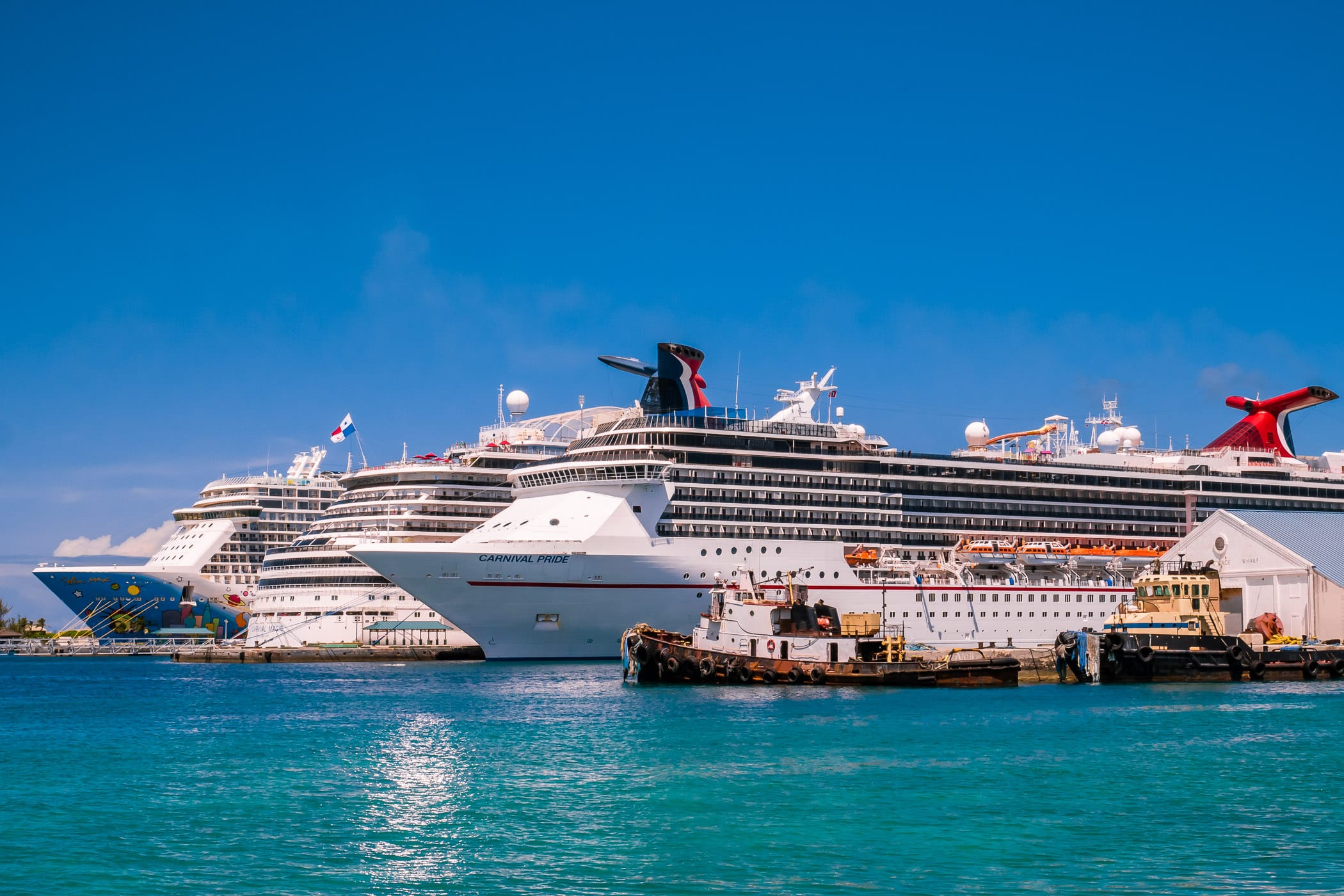 The cruise ships Carnival Pride, Carnival Magic and Norwegian Breakaway, docked at Nassau, Bahamas.