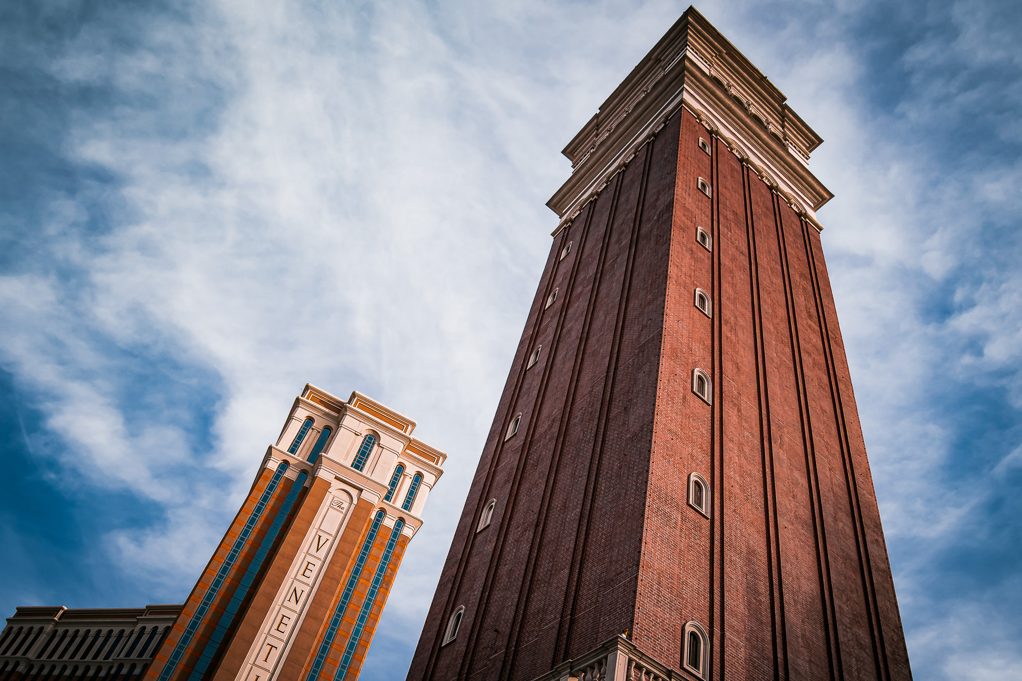 The Venetian Las Vegas' reproduction of Venice's Campanile di San Marco rises into the sky, adjacent to the hotel's main guest tower.
