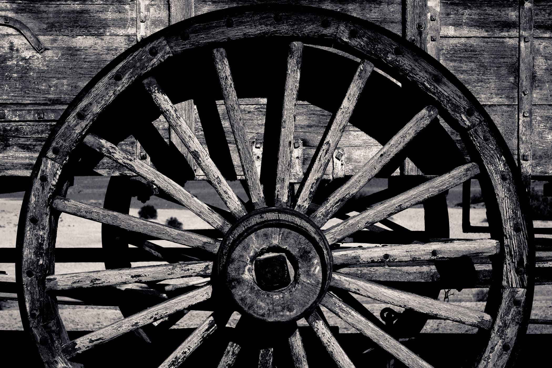Detail of a wheel on an old borax-hauling wagon train on display at the Harmony Borax Works in California’s Death Valley National Park.