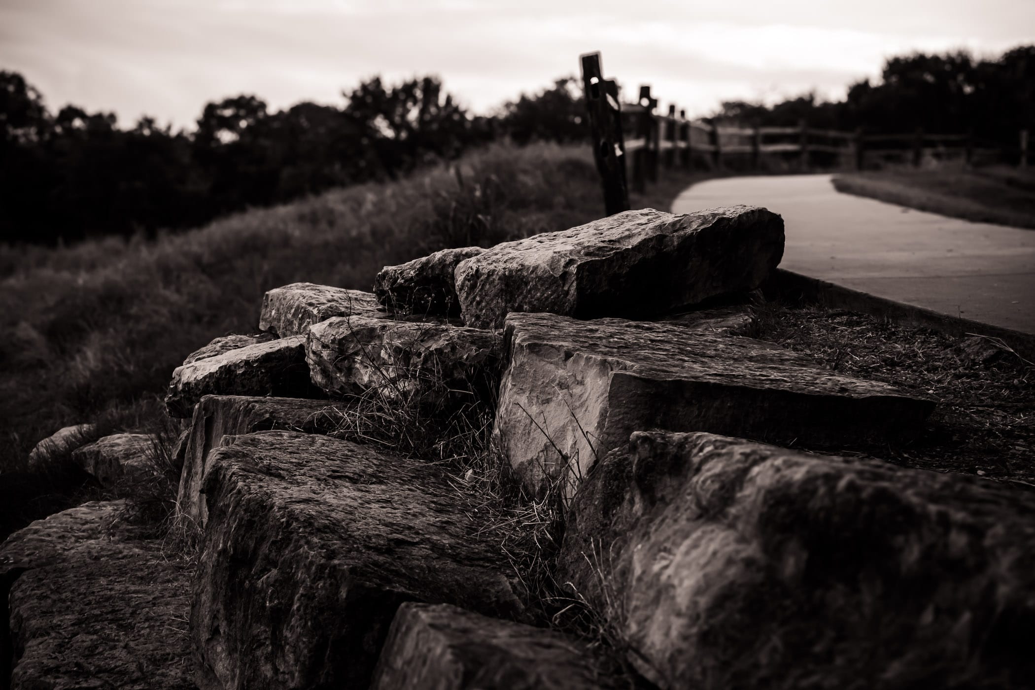 Rocks along a path at the Arbor Hills Nature Preserve in Plano, Texas.