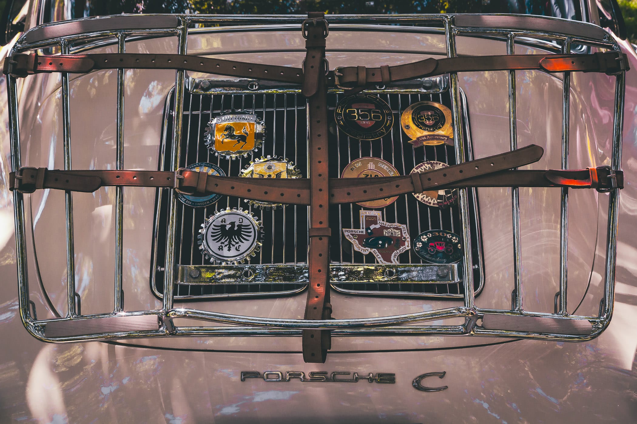 The luggage rack on a classic Porsche 356 Cabriolet, spotted at Dallas' Autos in the Park event.