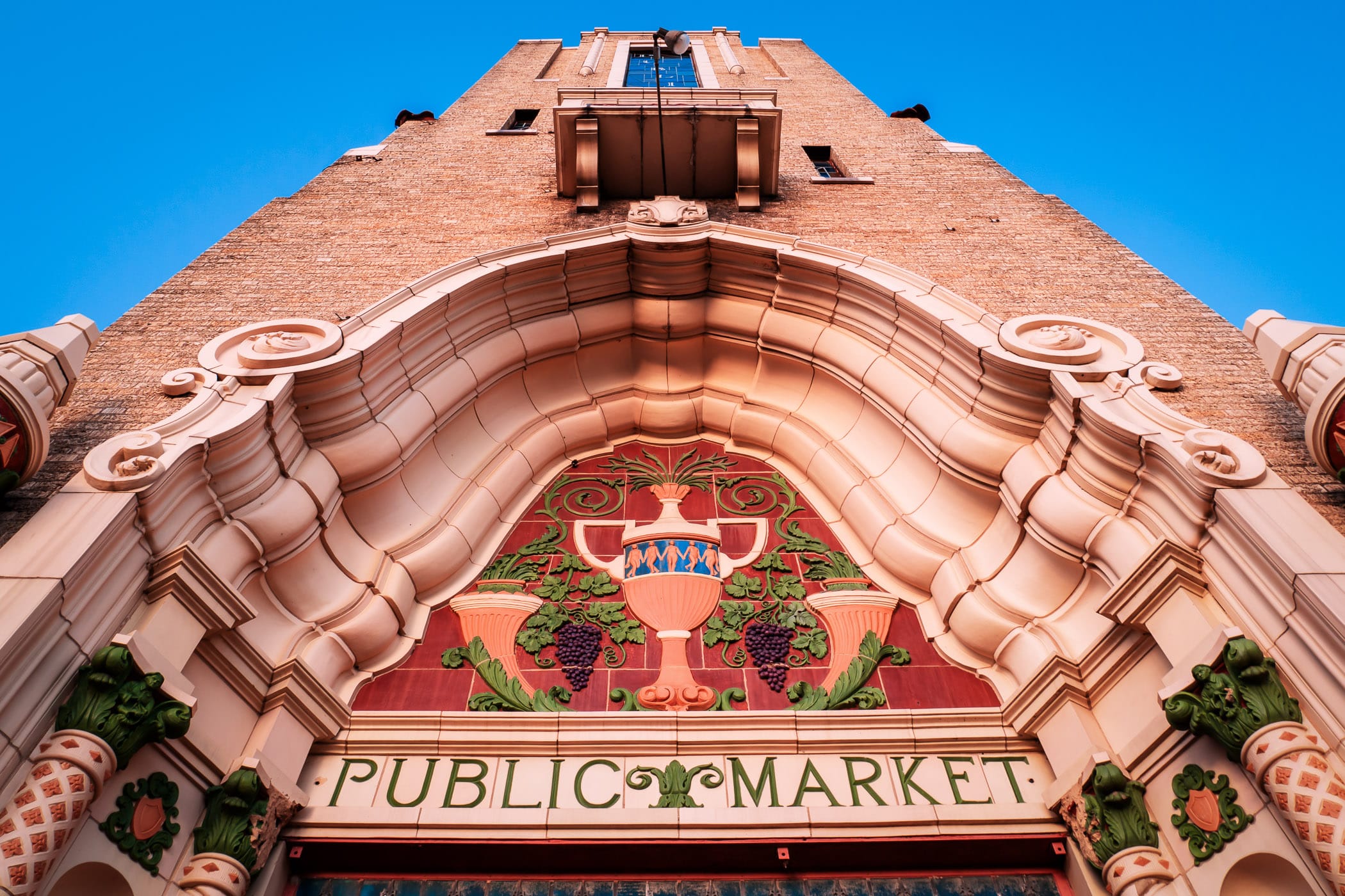 The ornate and colorful facade of the disused Public Market Building in Fort Worth, Texas.