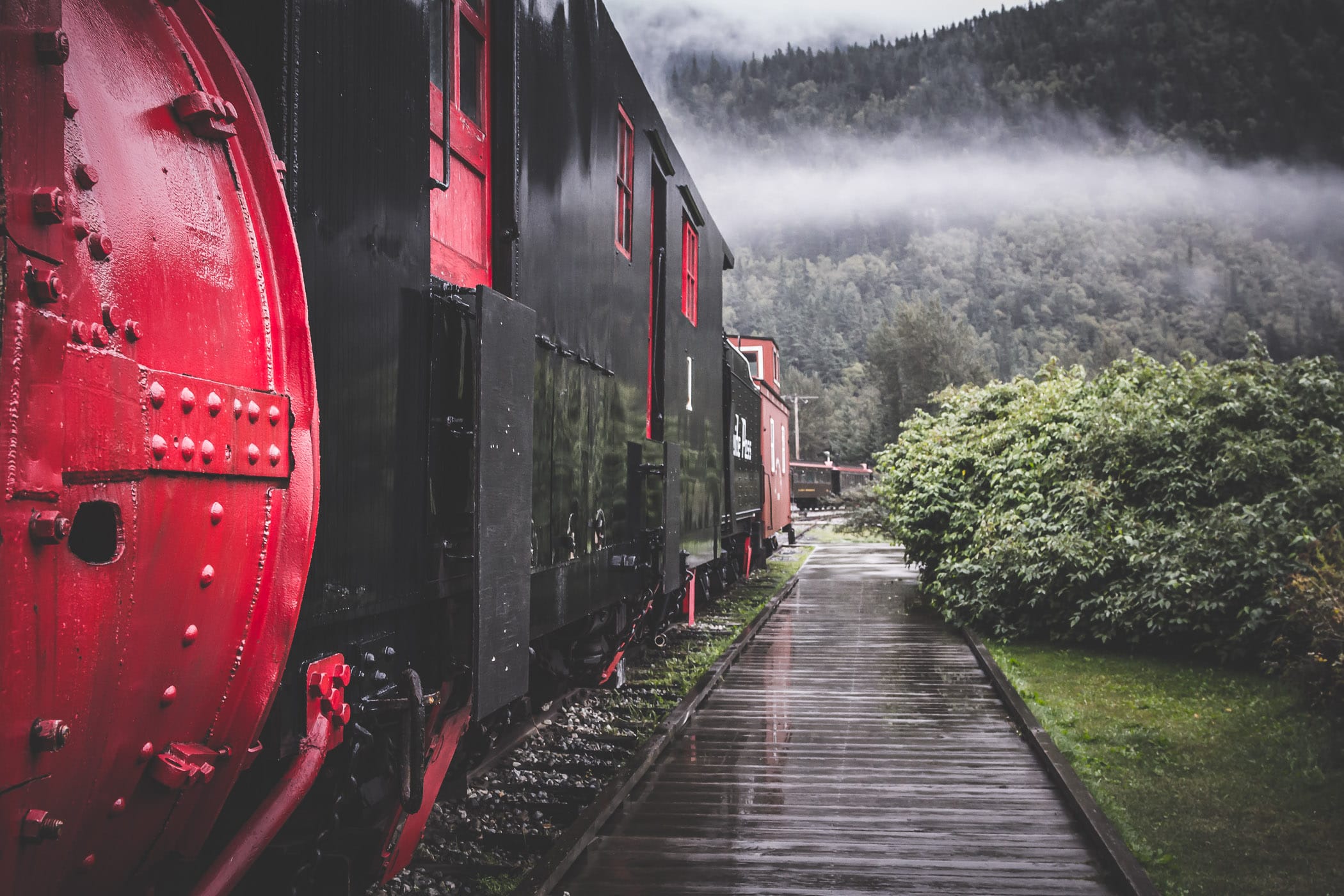 Railcars of the White Pass & Yukon Route Railway on a wet, misty morning in Skagway, Alaska.