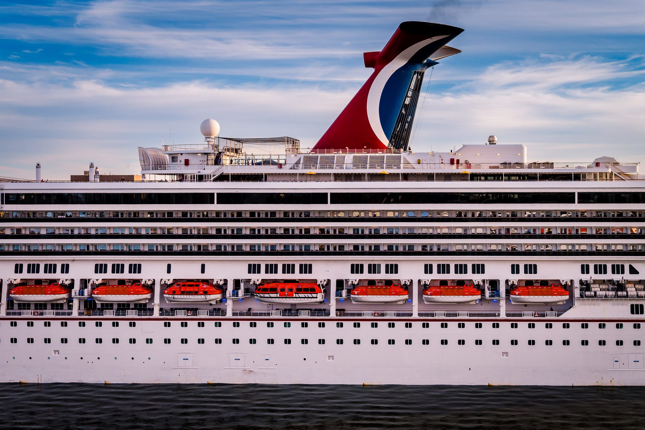 The port side of the cruise ship Carnival Freedom as she prepares to set sail from Galveston, Texas.