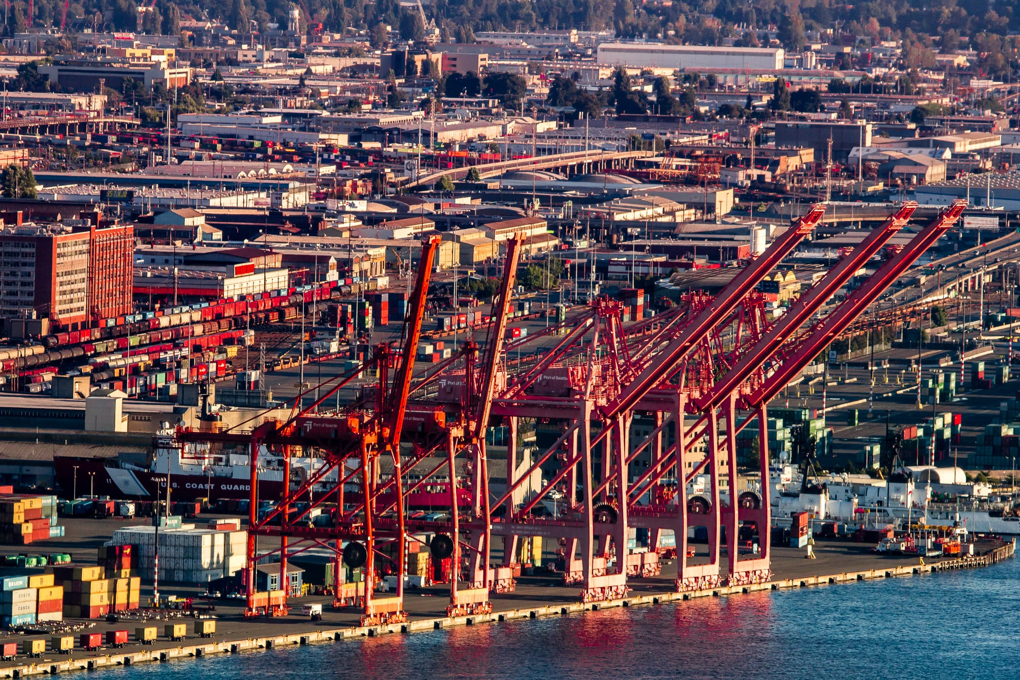 The evening sun illuminates five giant container cranes at the Port of Seattle.