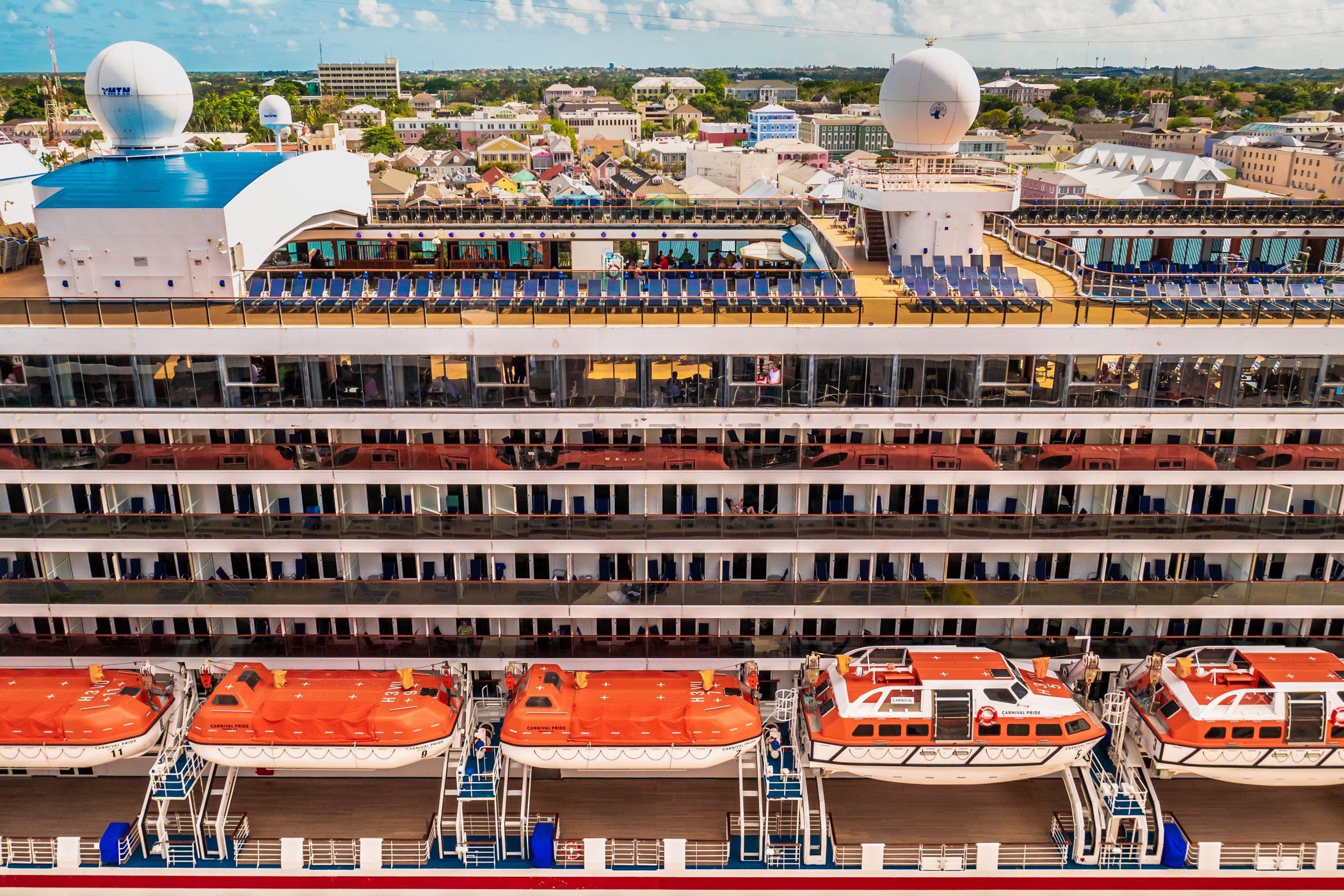 Detail of the midship section of the cruise ship Carnival Pride, docked in Nassau, Bahamas.