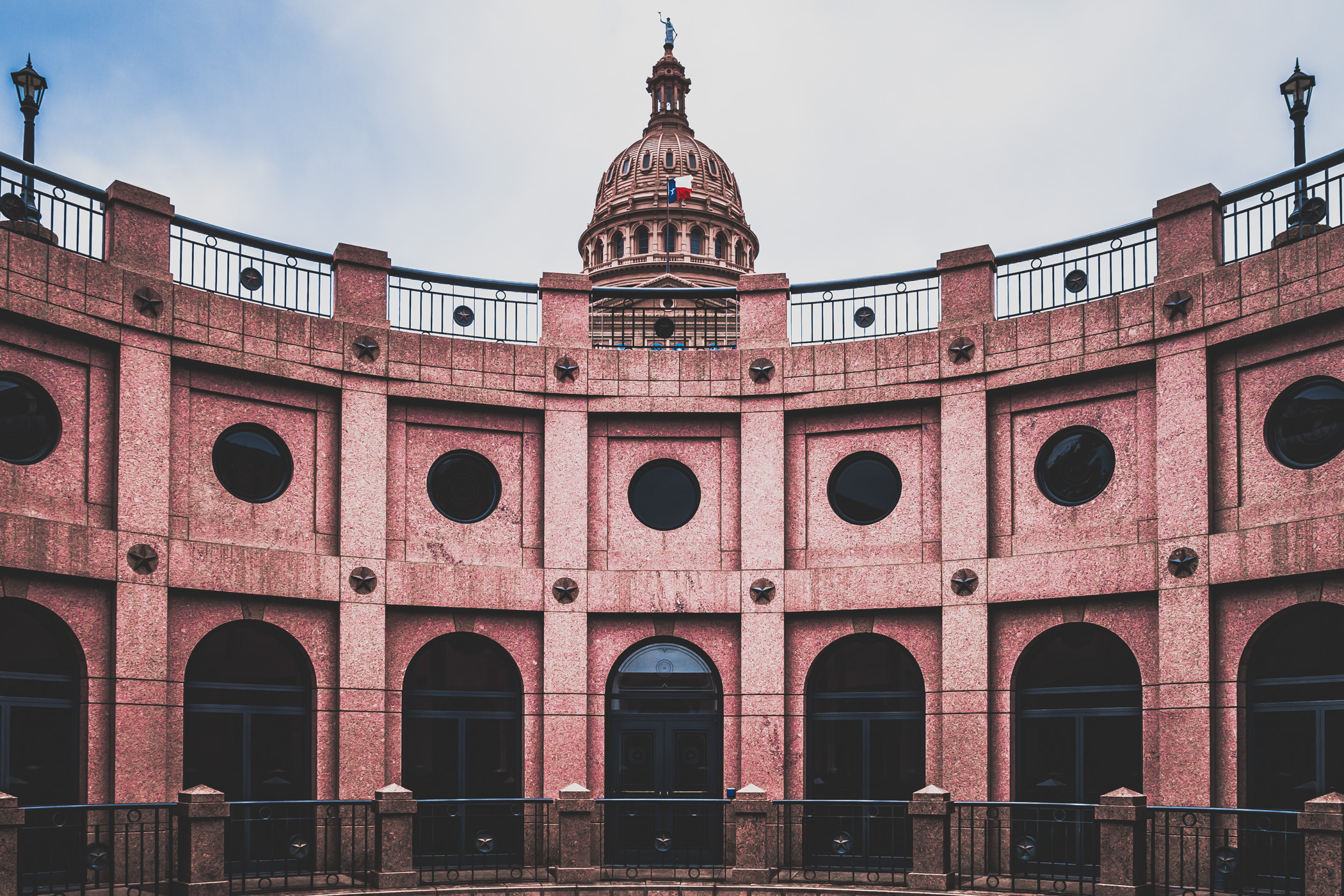 The Texas Capitol's rotunda, as seen from the adjacent open air Central Court in the building's annex, Austin.