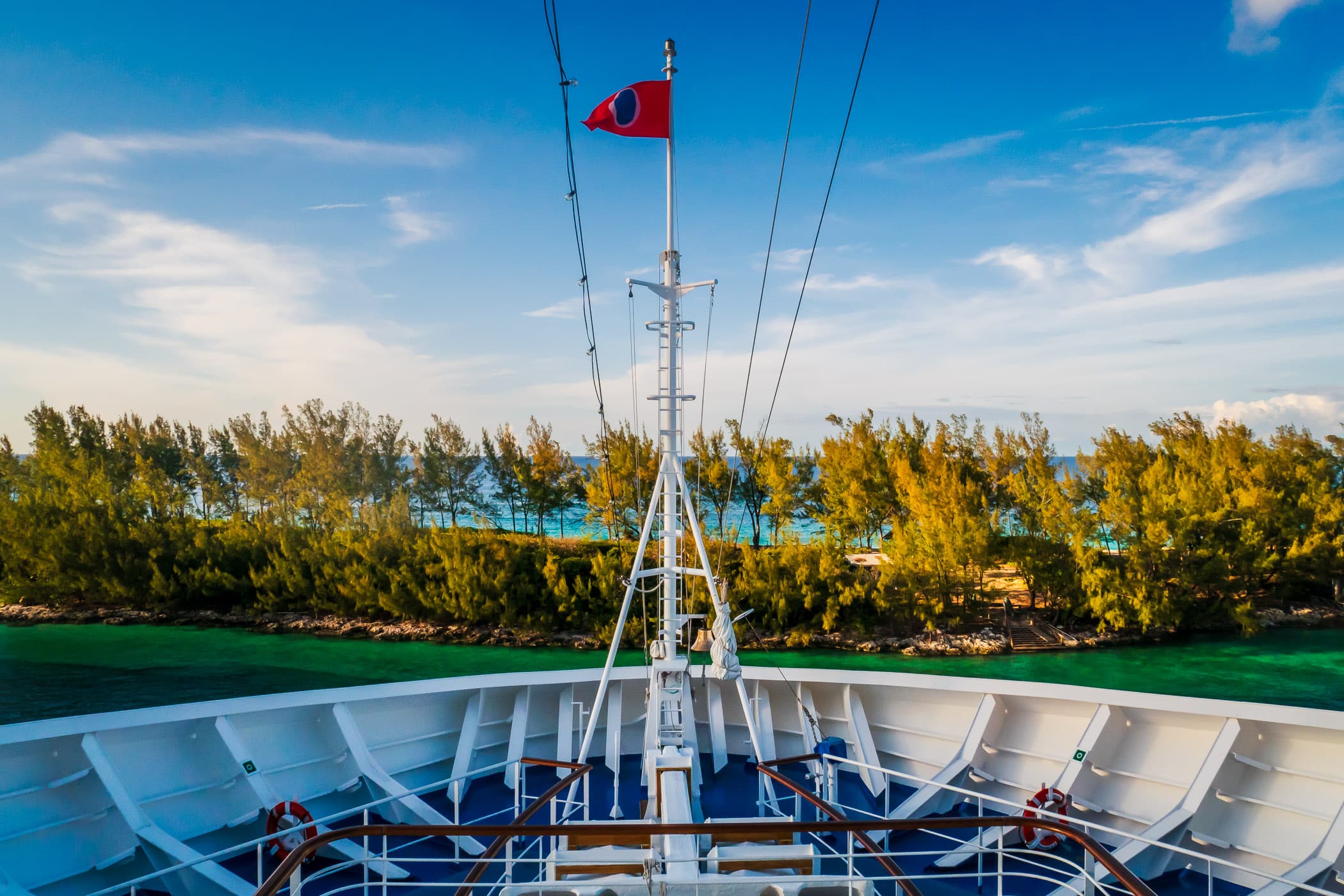 The bow of the cruise ship Carnival Magic seems to almost be run aground as the ship makes a tight turn around in the harbour at Nassau, Bahamas.