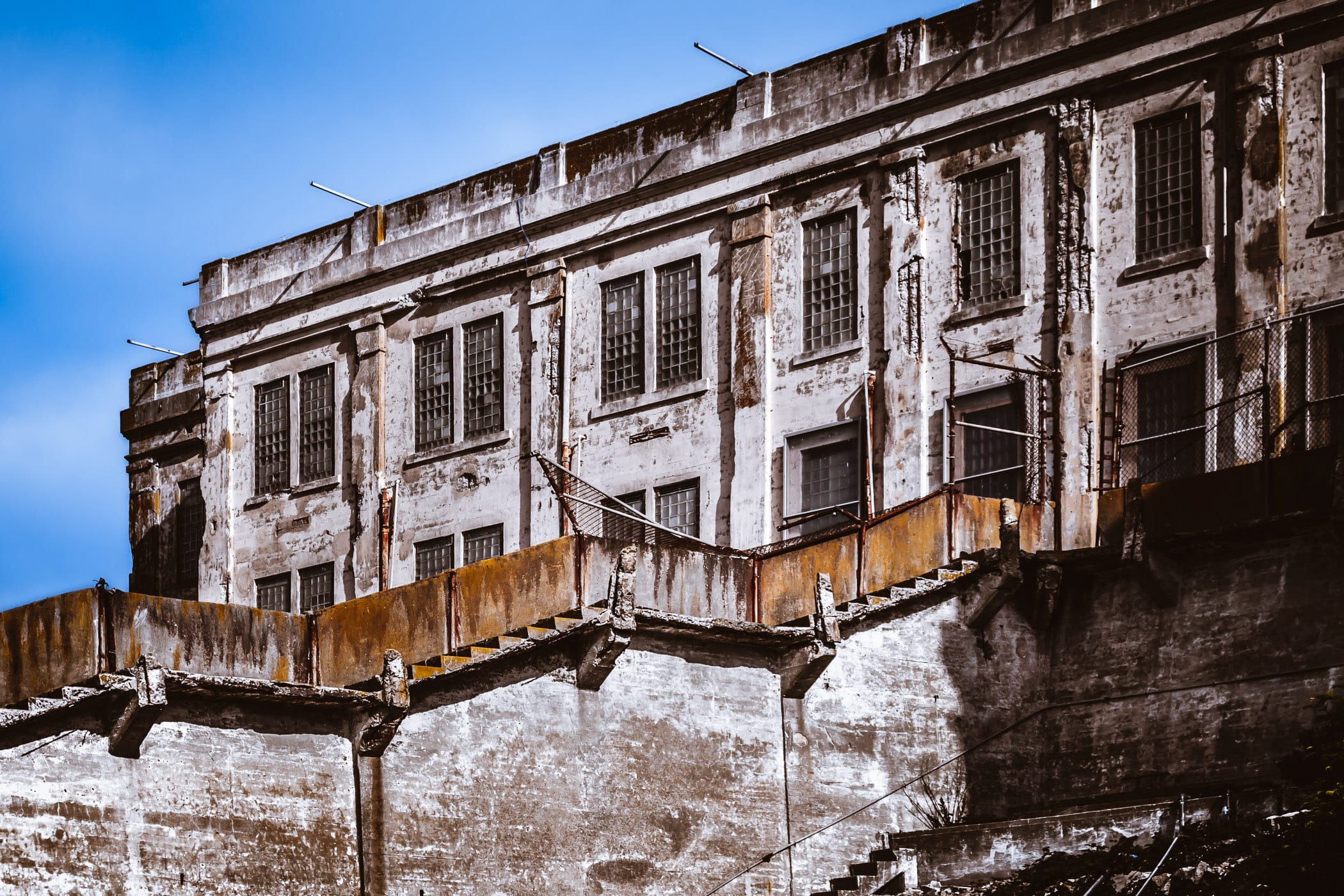 The main cell block at Alcatraz Prison in San Francisco decays in the elements.