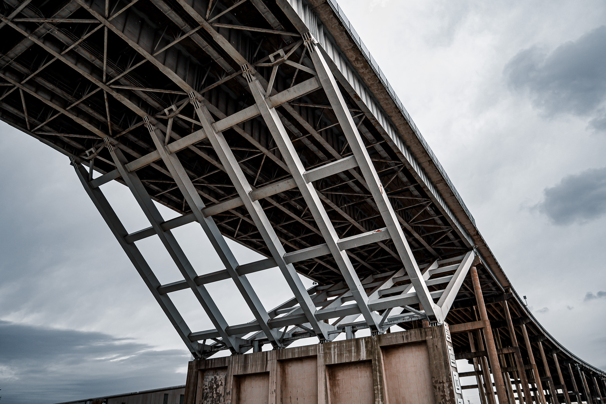 Structural detail of the underside of the 135-foot-tall, 152-foot-wide Sidney Sherman Bridge, which carries Interstate 610 over the Houston Ship Channel.