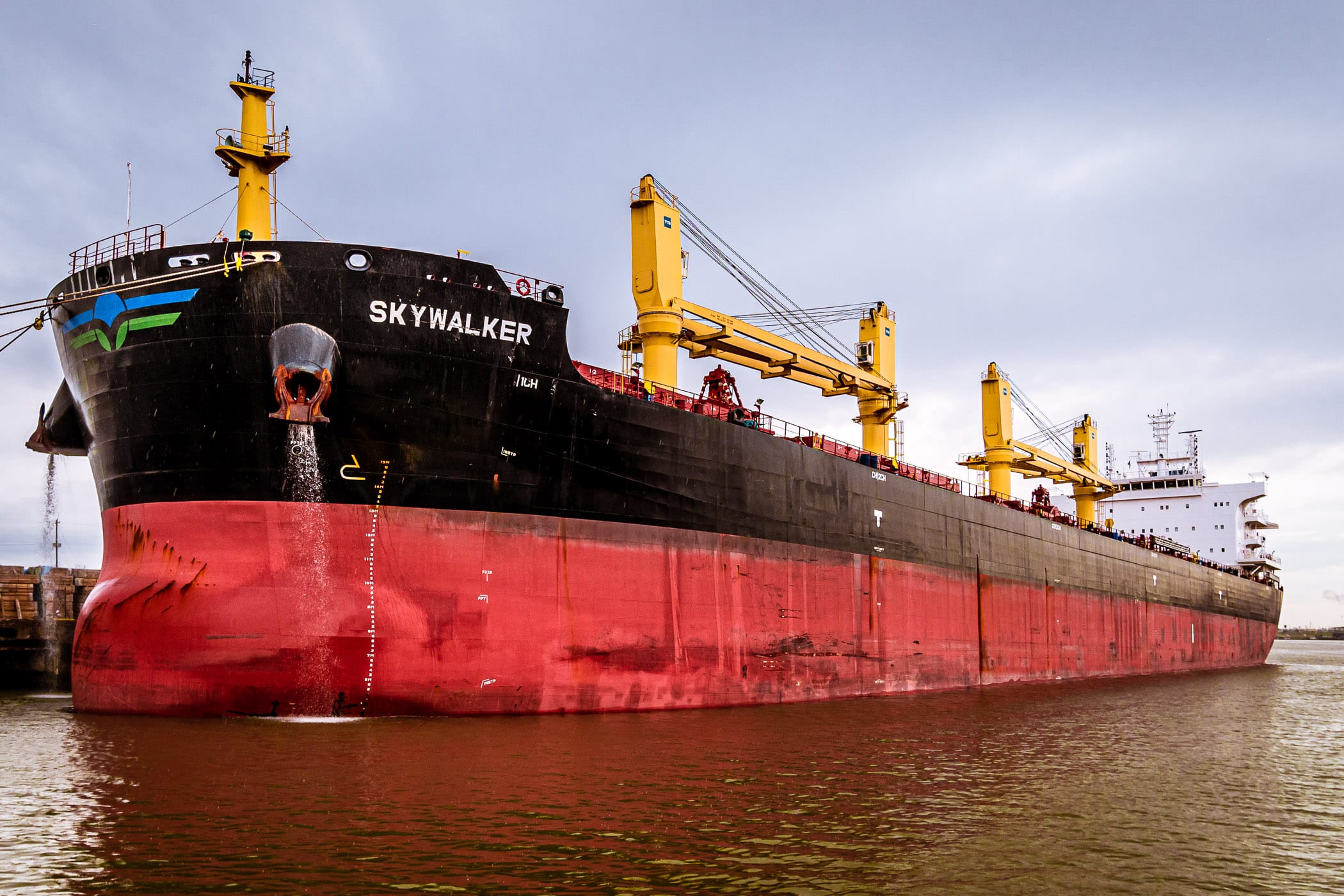 The bulk carrier Skywalker—undoubtedly named by a Star Wars fan—lies docked in the Port of Houston, Texas.