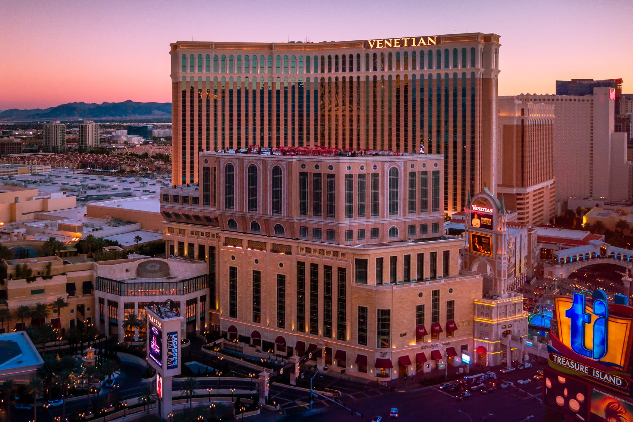 The sun sets on the Venetian Hotel & Casino and the Las Vegas Valley.