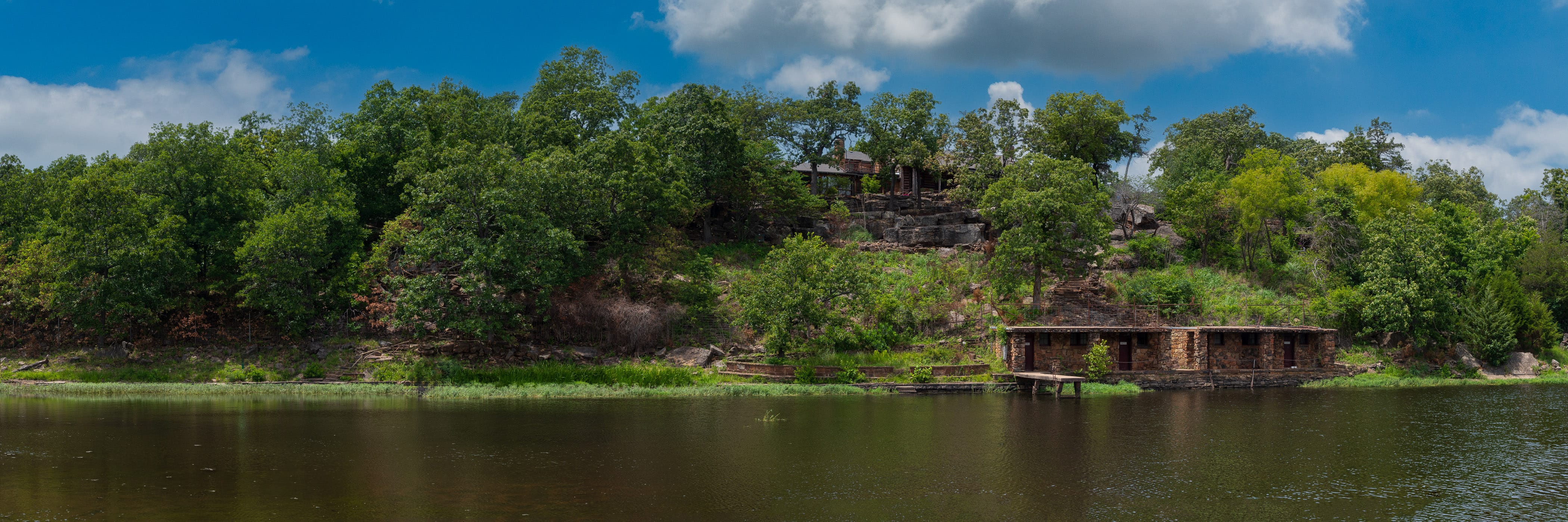 A panoramic view of the boathouse and hunting lodge at Woolaroc, the former ranch retreat of Frank Phillips—the founder of Phillips Petroleum—near Bartlesville, Oklahoma. (Click the photo to view a larger version)