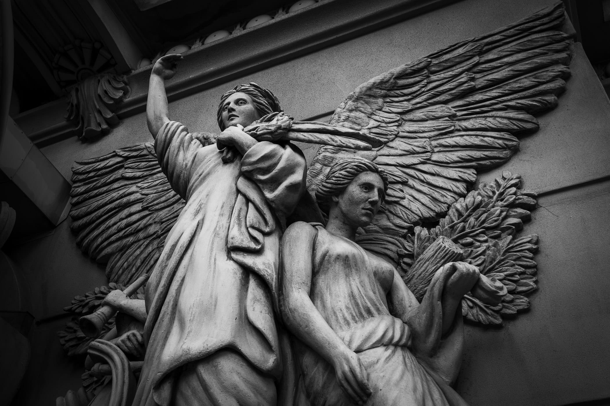 Carved angels decorate the exterior of Paris Las Vegas.